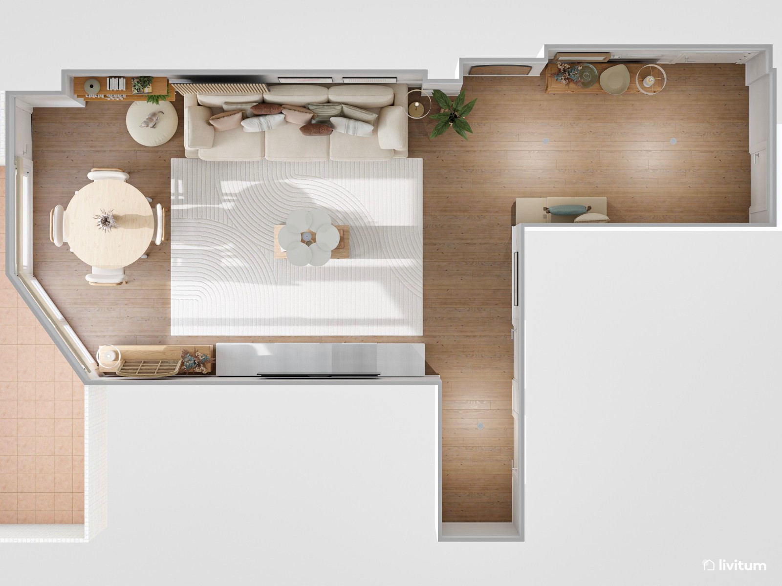 Luminoso y cálido salón en planta irregular diseñado en tonos suaves
