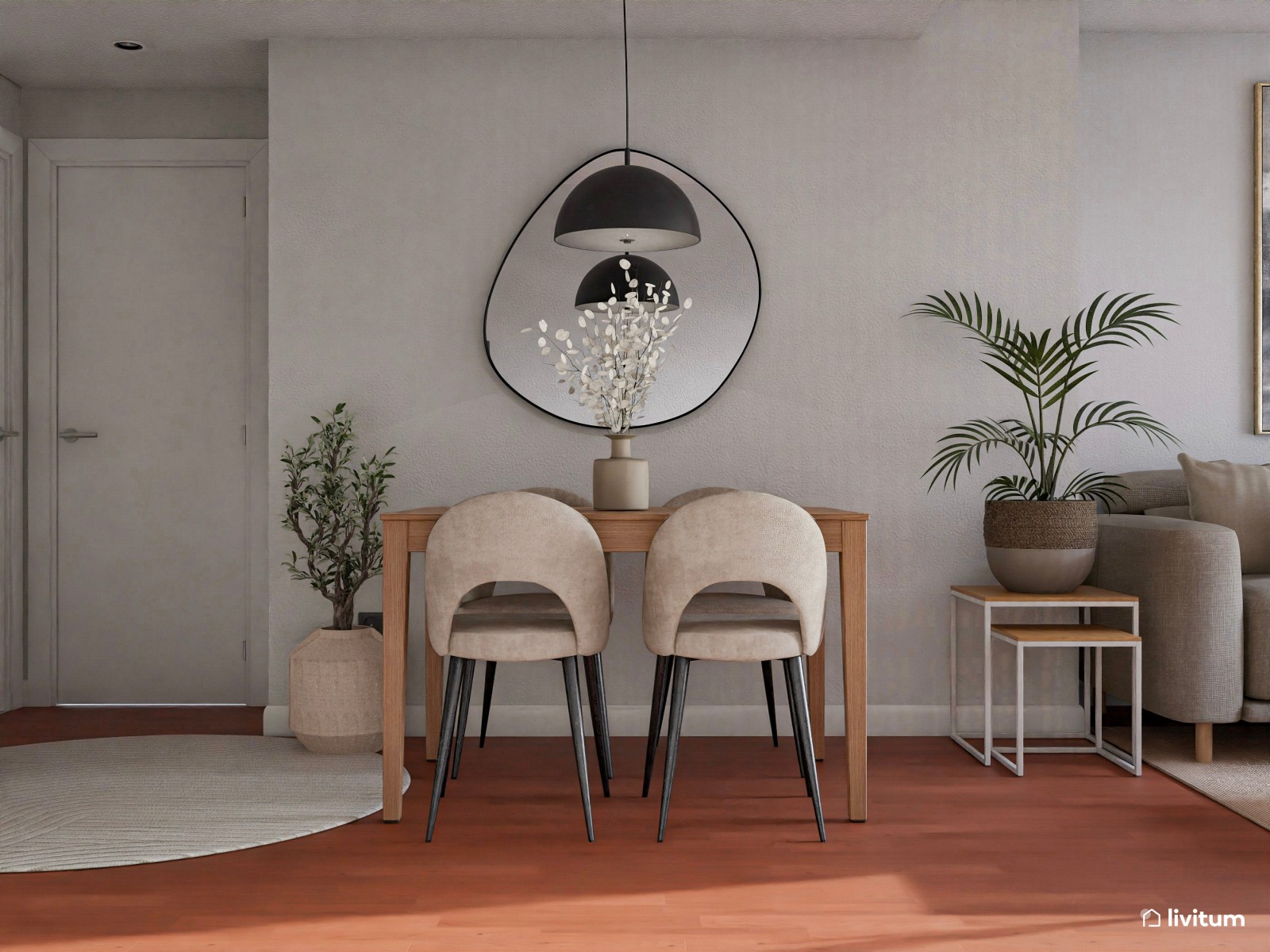 Luminoso y estrecho salón nórdico con detalles boho