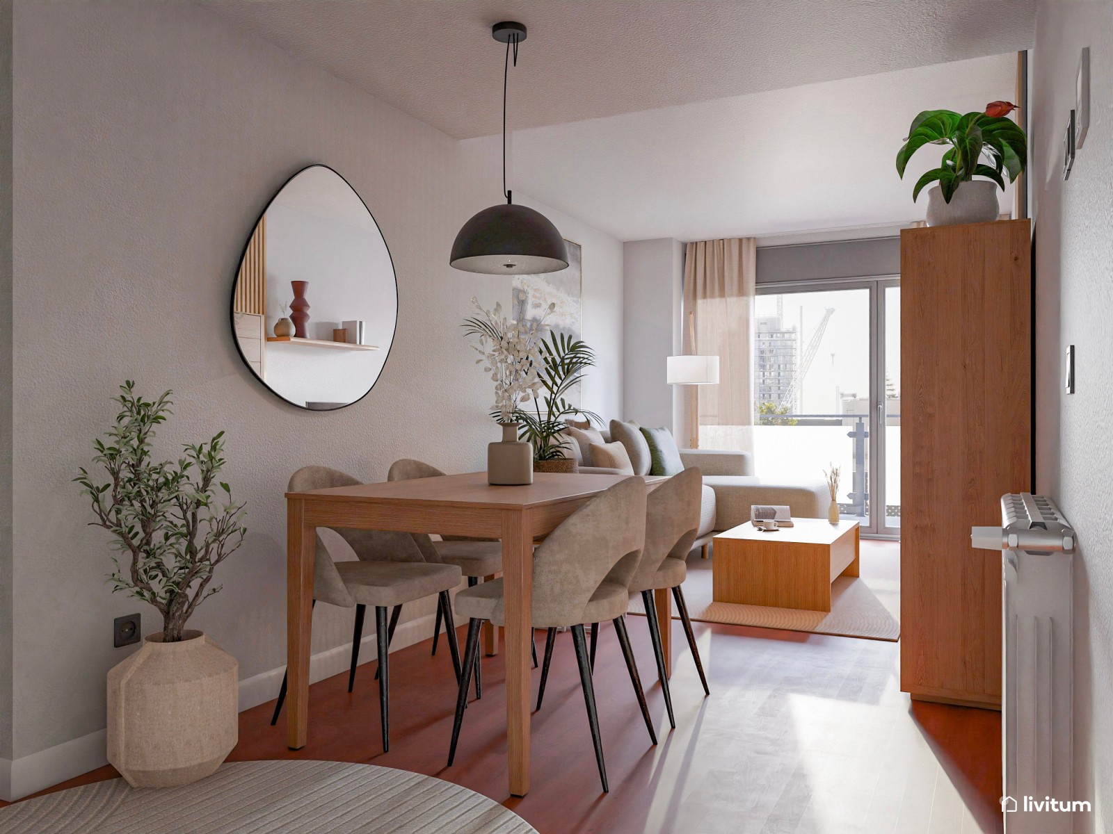 Luminoso y estrecho salón nórdico con detalles boho