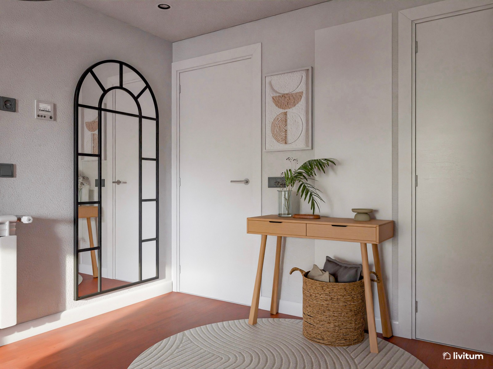 Luminoso y estrecho salón nórdico con detalles boho
