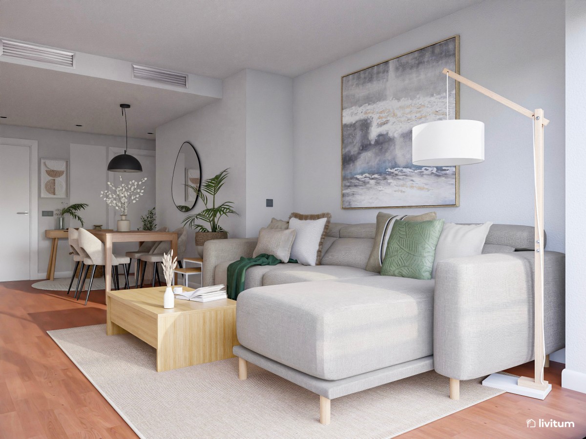 Luminoso y estrecho salón nórdico con detalles boho