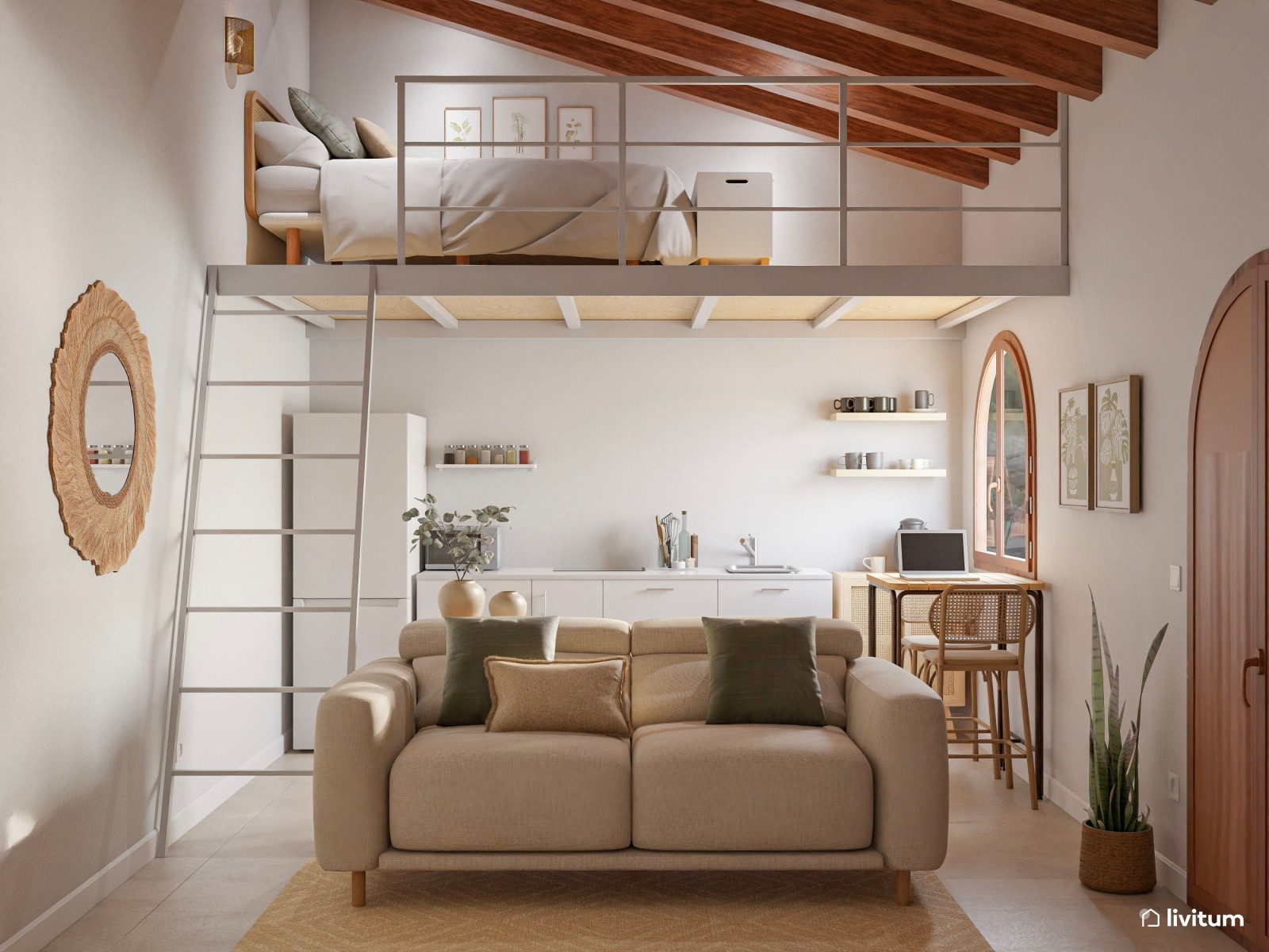 Mini casa: salón comedor, cocina abierta y dormitorio en altillo