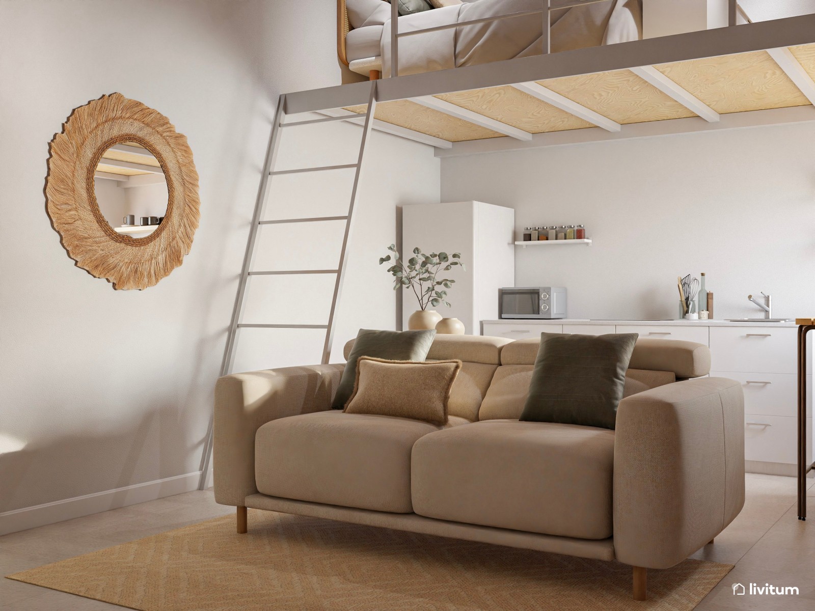 Mini casa: salón comedor, cocina abierta y dormitorio en altillo