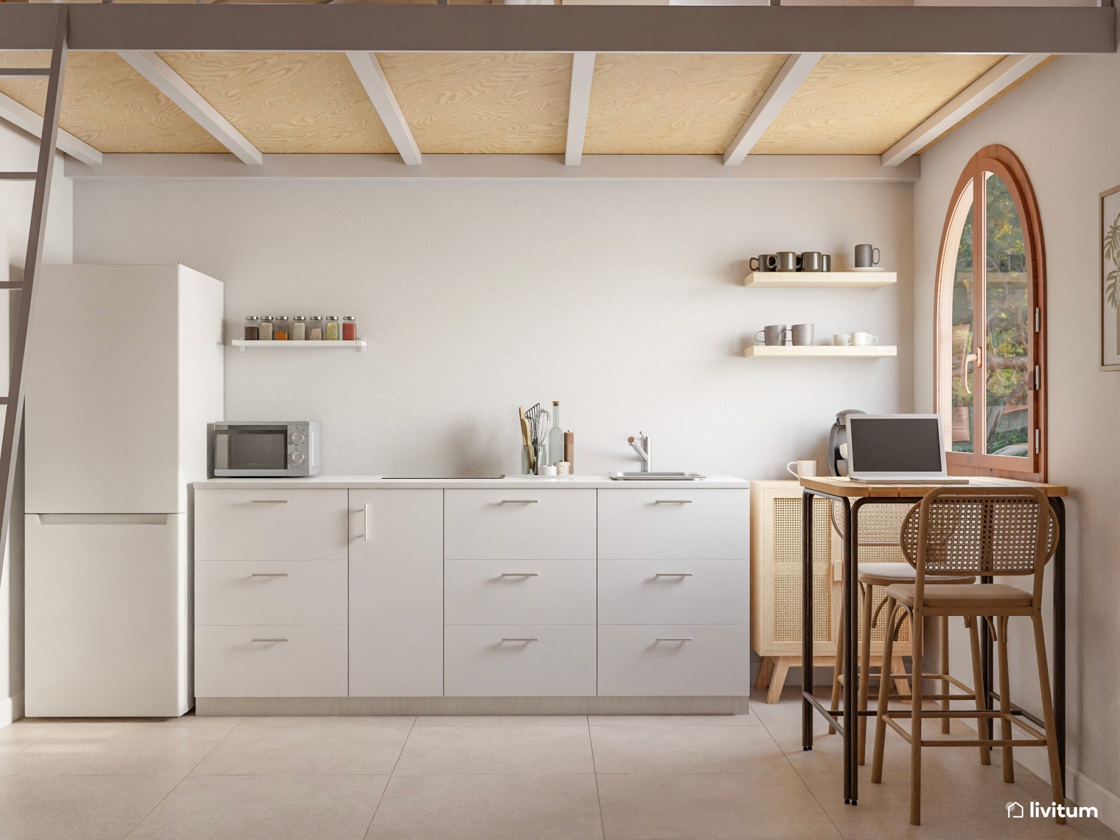 Mini casa: salón comedor, cocina abierta y dormitorio en altillo
