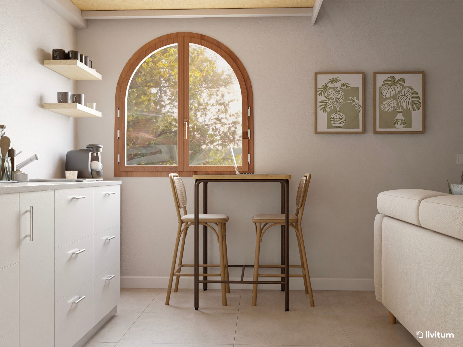 Mini casa: salón comedor, cocina abierta y dormitorio en altillo