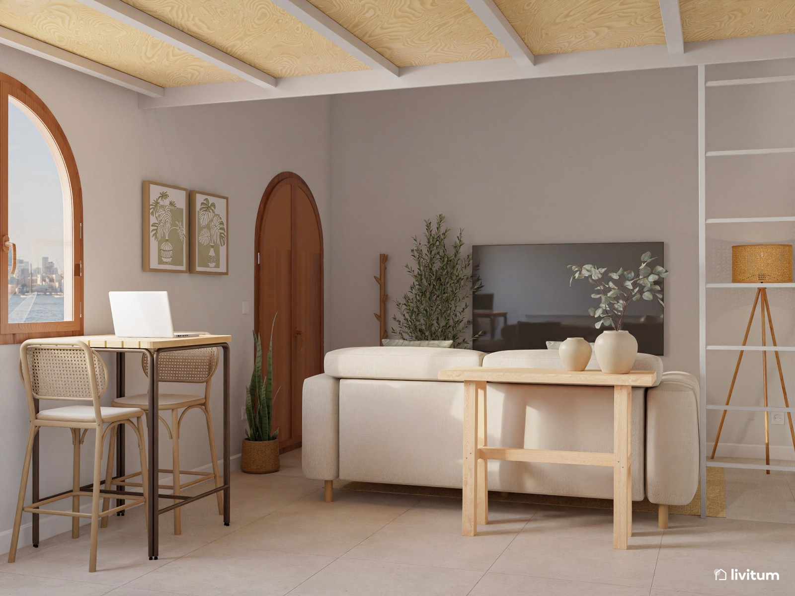 Mini casa: salón comedor, cocina abierta y dormitorio en altillo