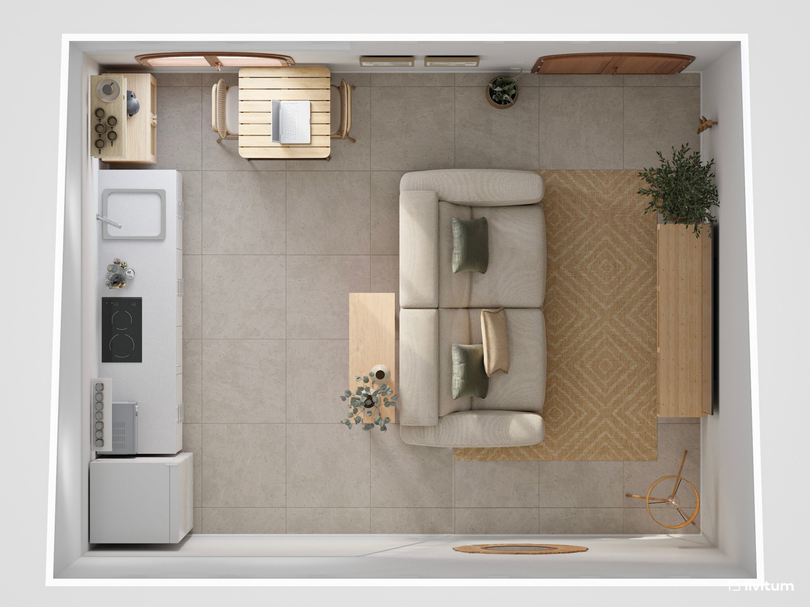 Mini casa: salón comedor, cocina abierta y dormitorio en altillo