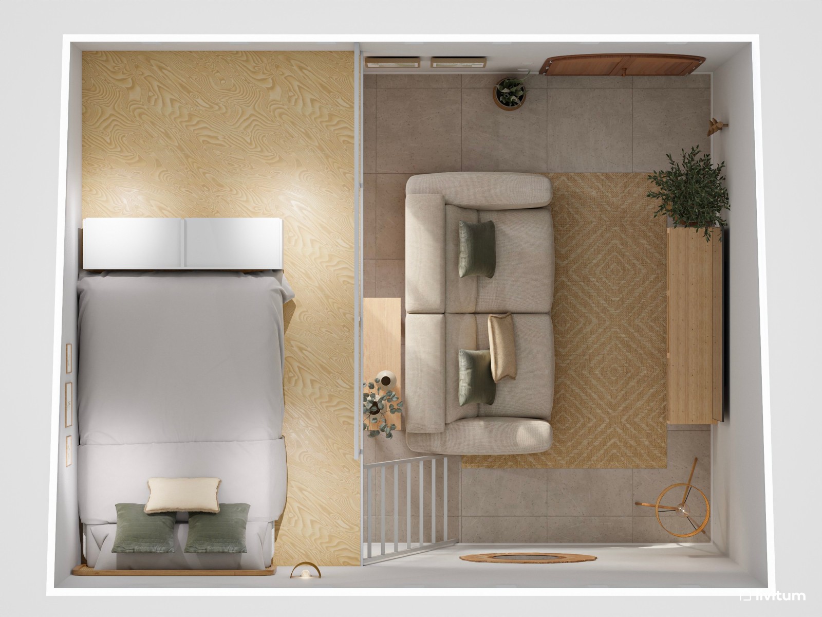 Mini casa: salón comedor, cocina abierta y dormitorio en altillo