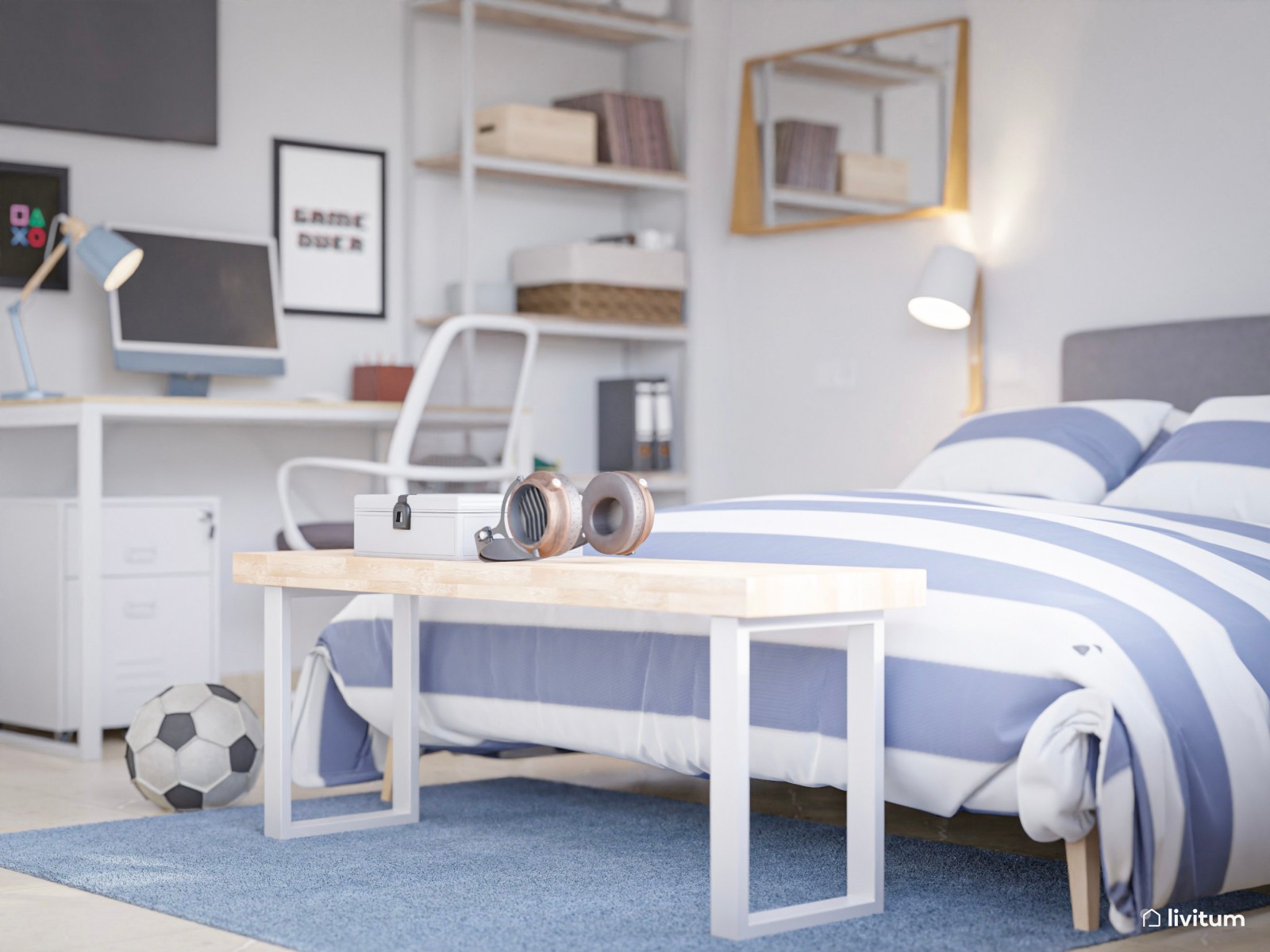 Moderna habitación juvenil en blanco y azul 