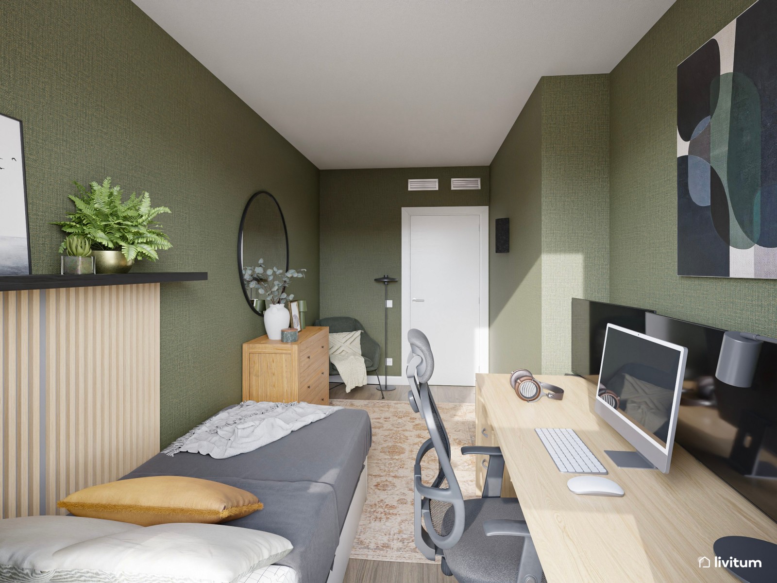 Moderna habitación juvenil en color verde