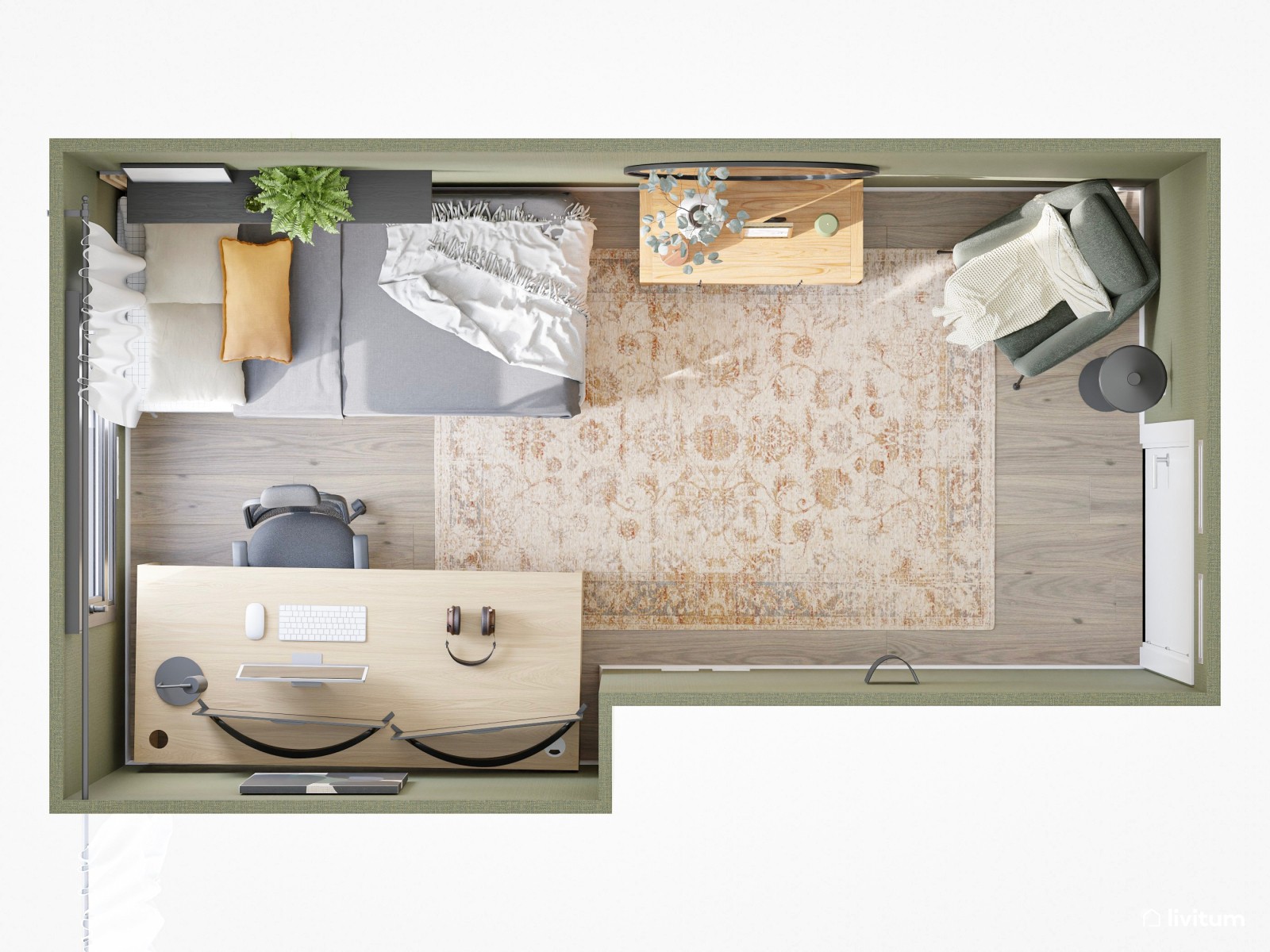 Moderna habitación juvenil en color verde
