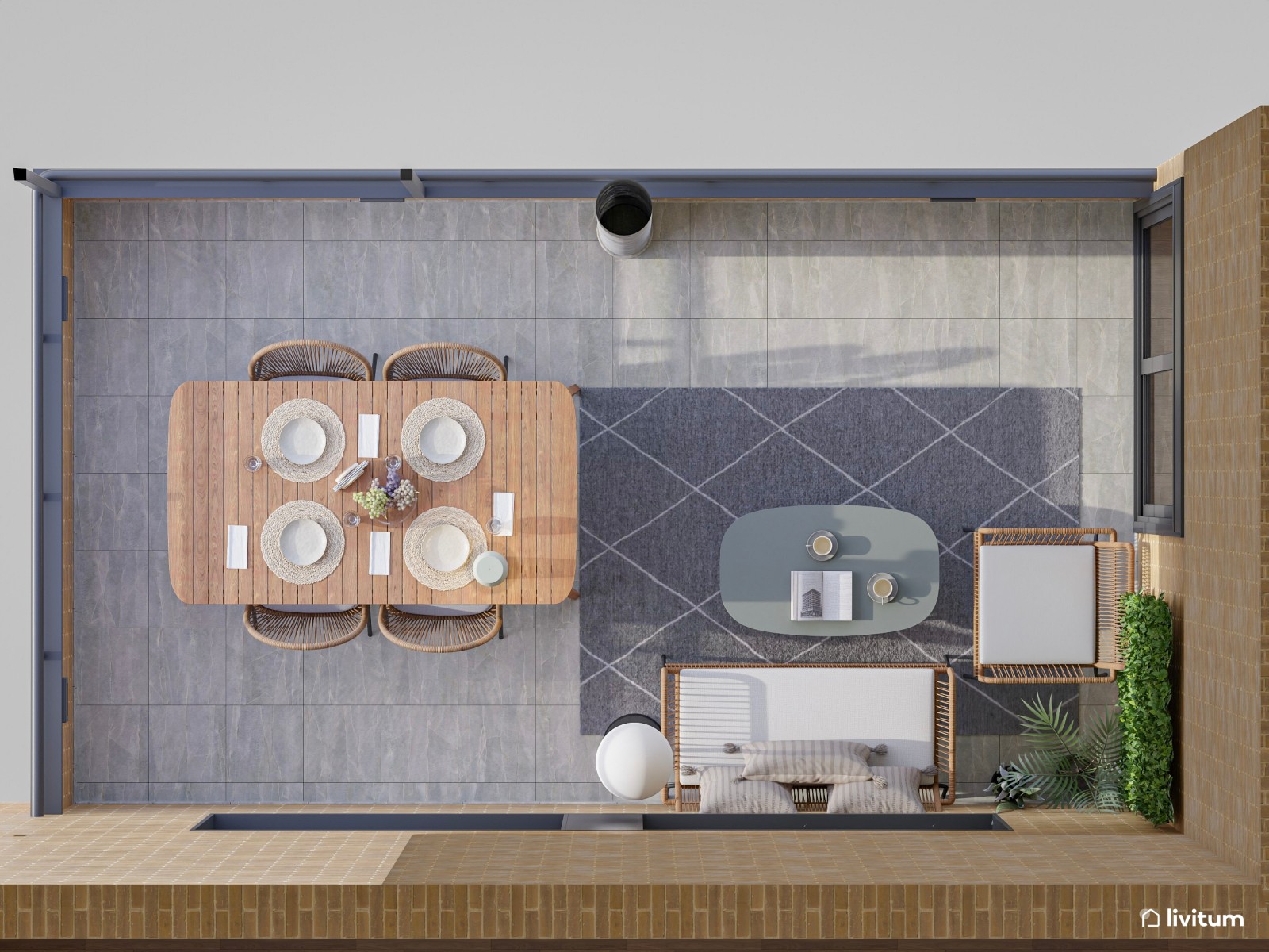 Moderna terraza con salón y amplia zona de comedor