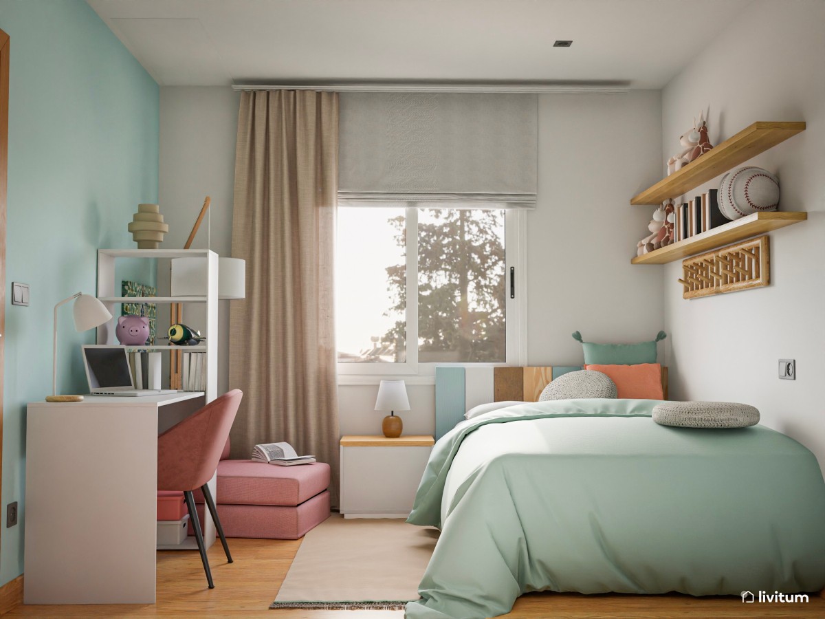 Moderna y vital habitación juvenil en verde, rosa y blanco