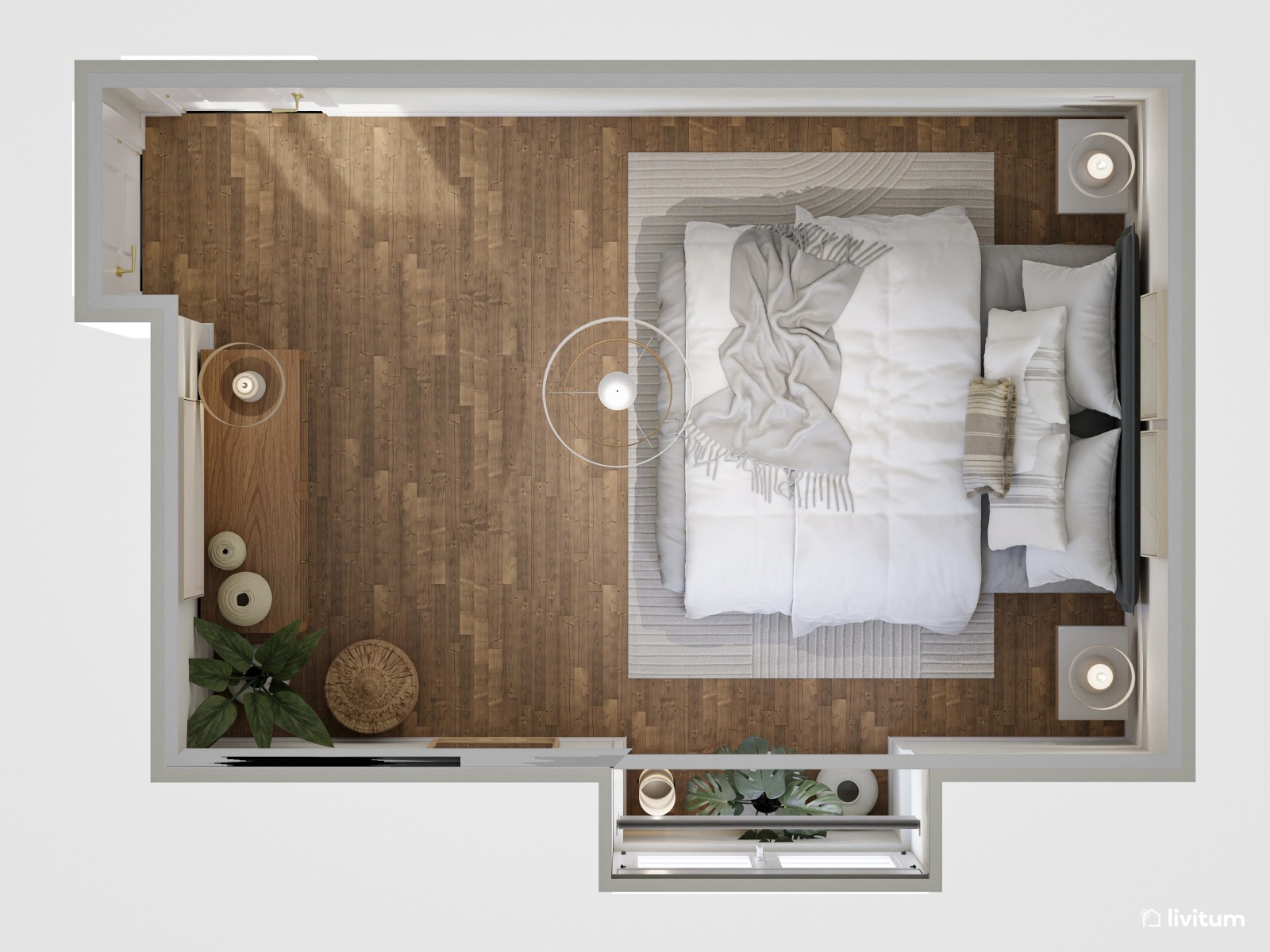 Moderno dormitorio con cabecero tapizado en azul marino