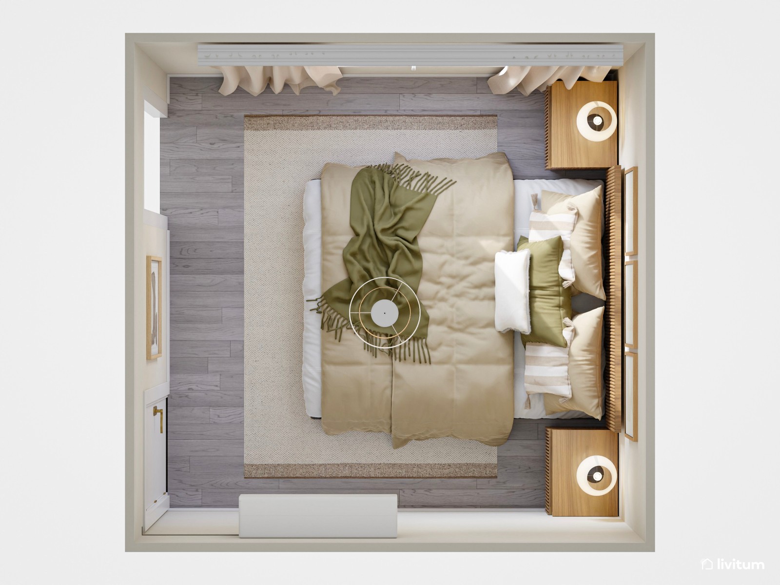 Moderno dormitorio con cabecero y mesillas con el frente alistonado