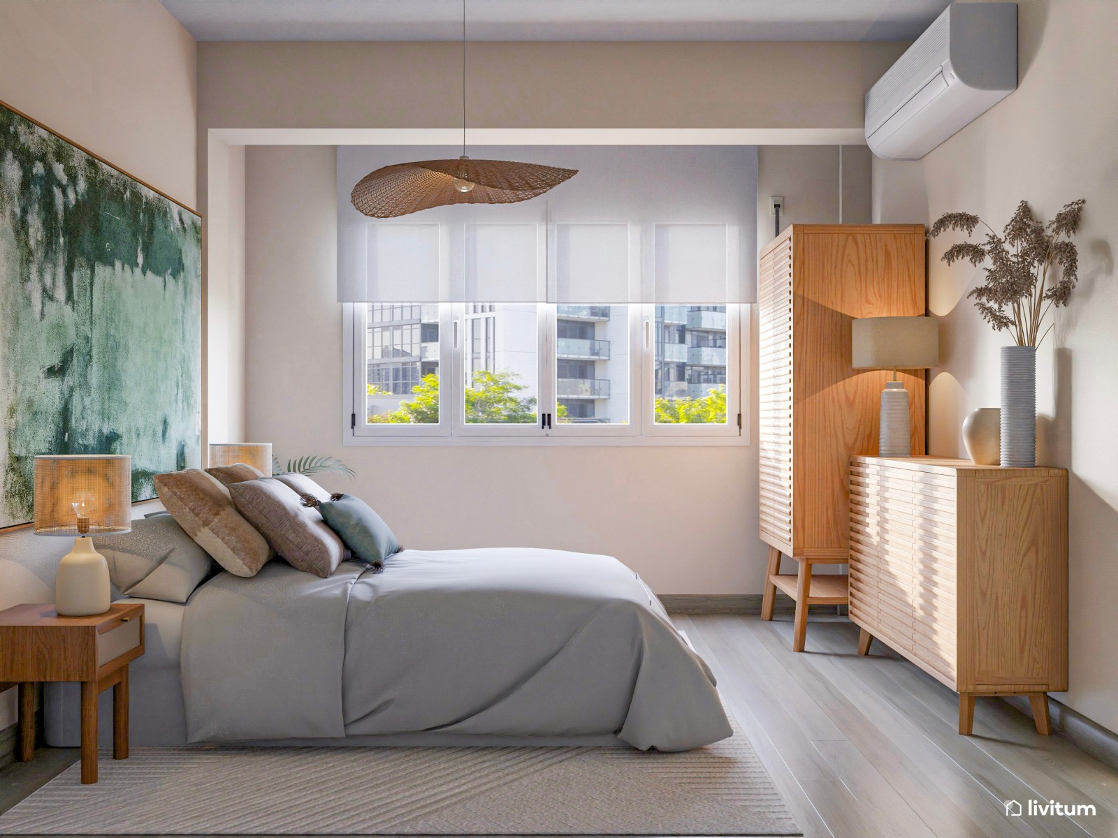 Moderno dormitorio con cuadro XXL como cabecero