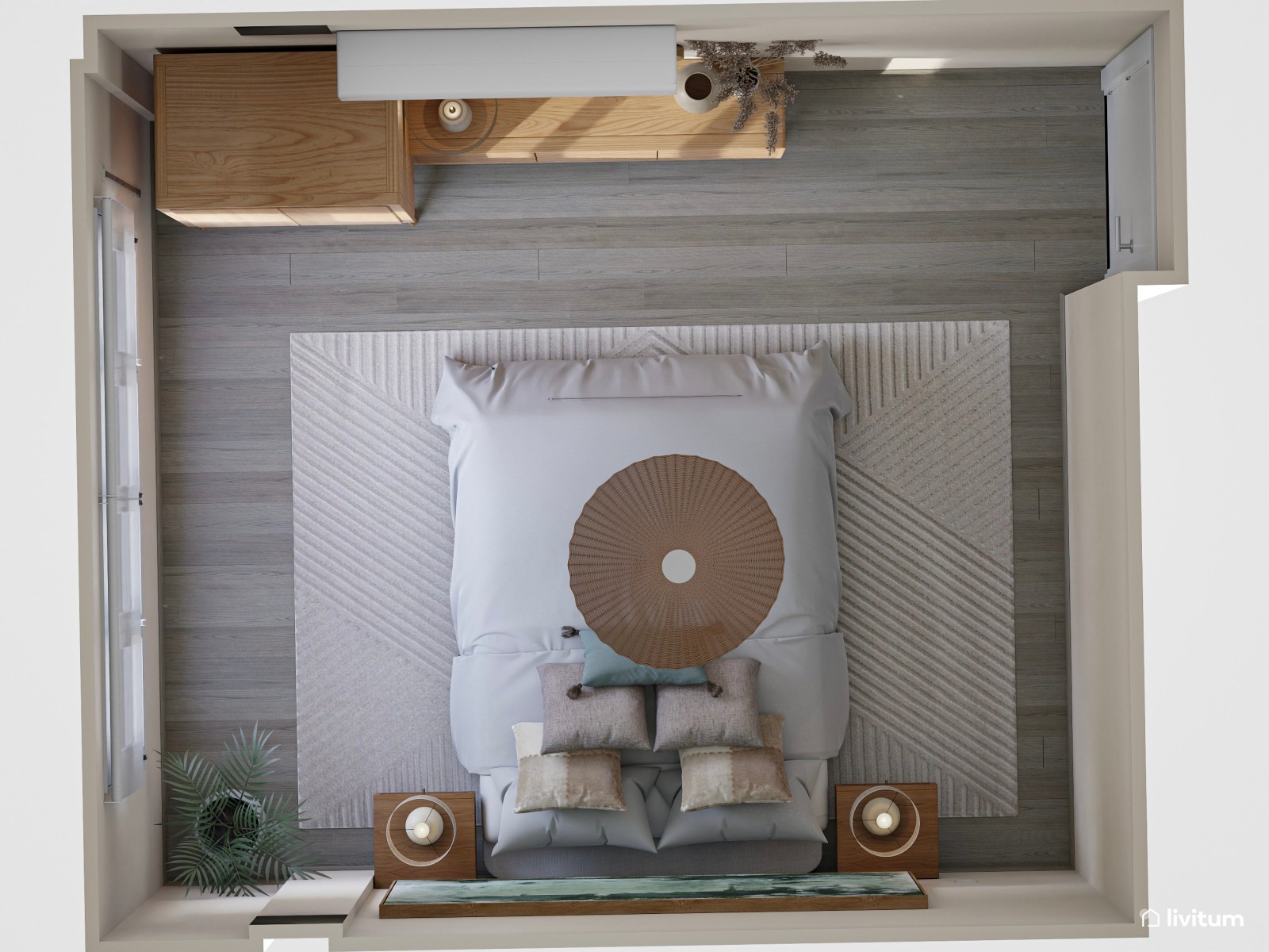 Moderno dormitorio con cuadro XXL como cabecero