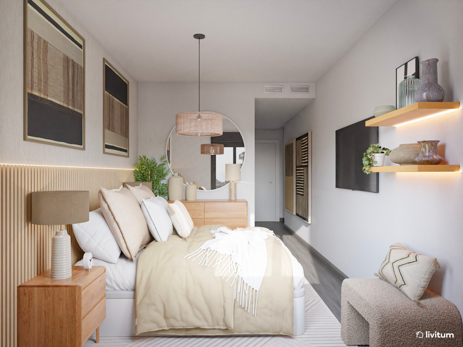 Moderno dormitorio con listones de madera y bonitas obras de arte
