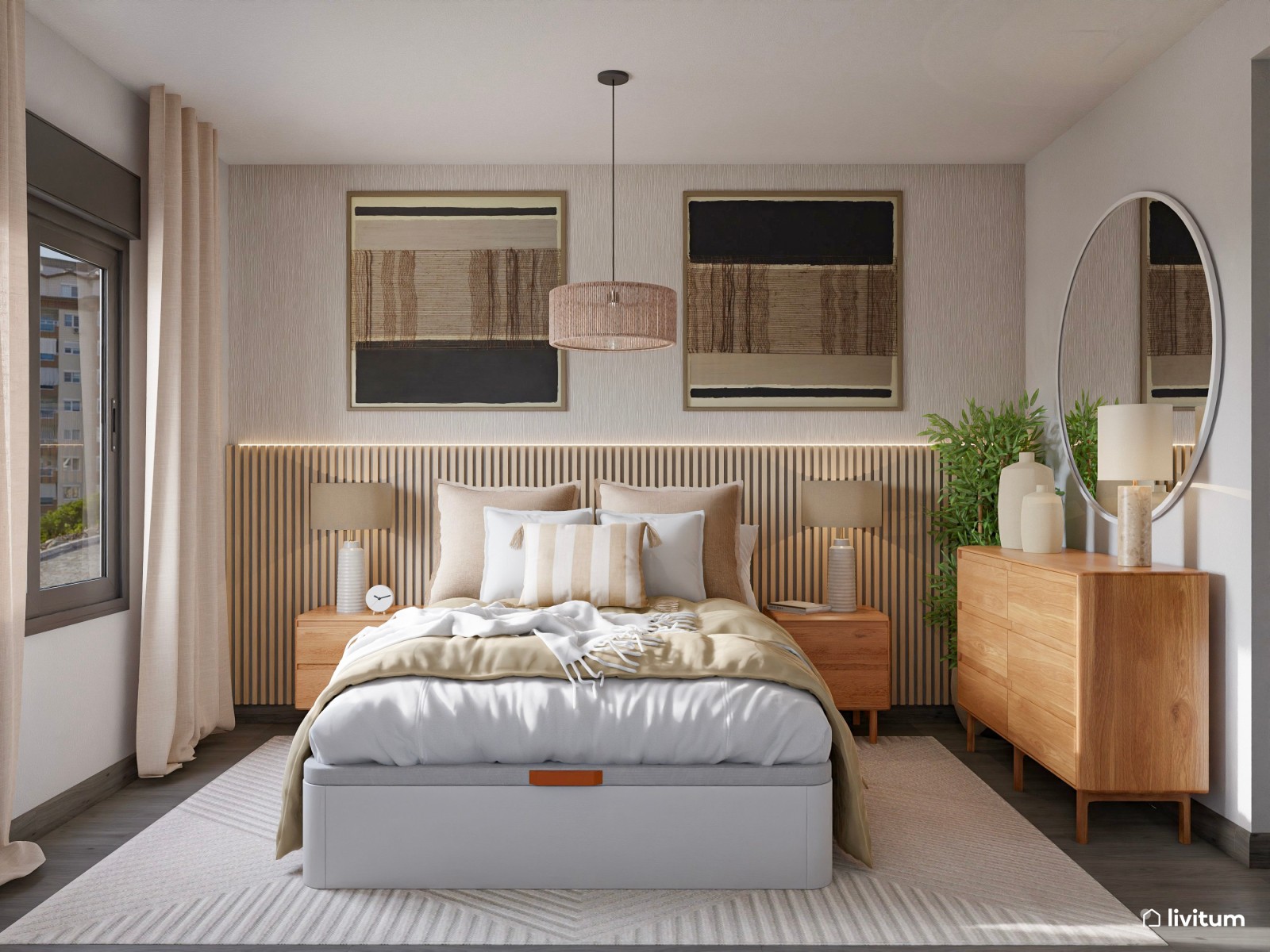 Moderno dormitorio con listones de madera y bonitas obras de arte