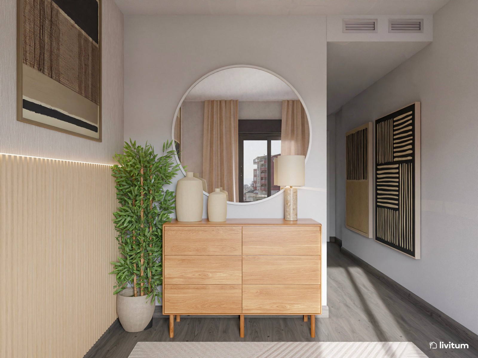 Moderno dormitorio con listones de madera y bonitas obras de arte