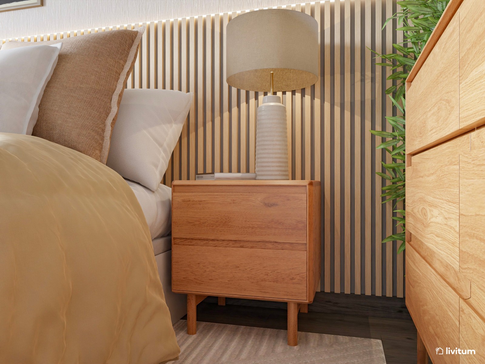 Moderno dormitorio con listones de madera y bonitas obras de arte
