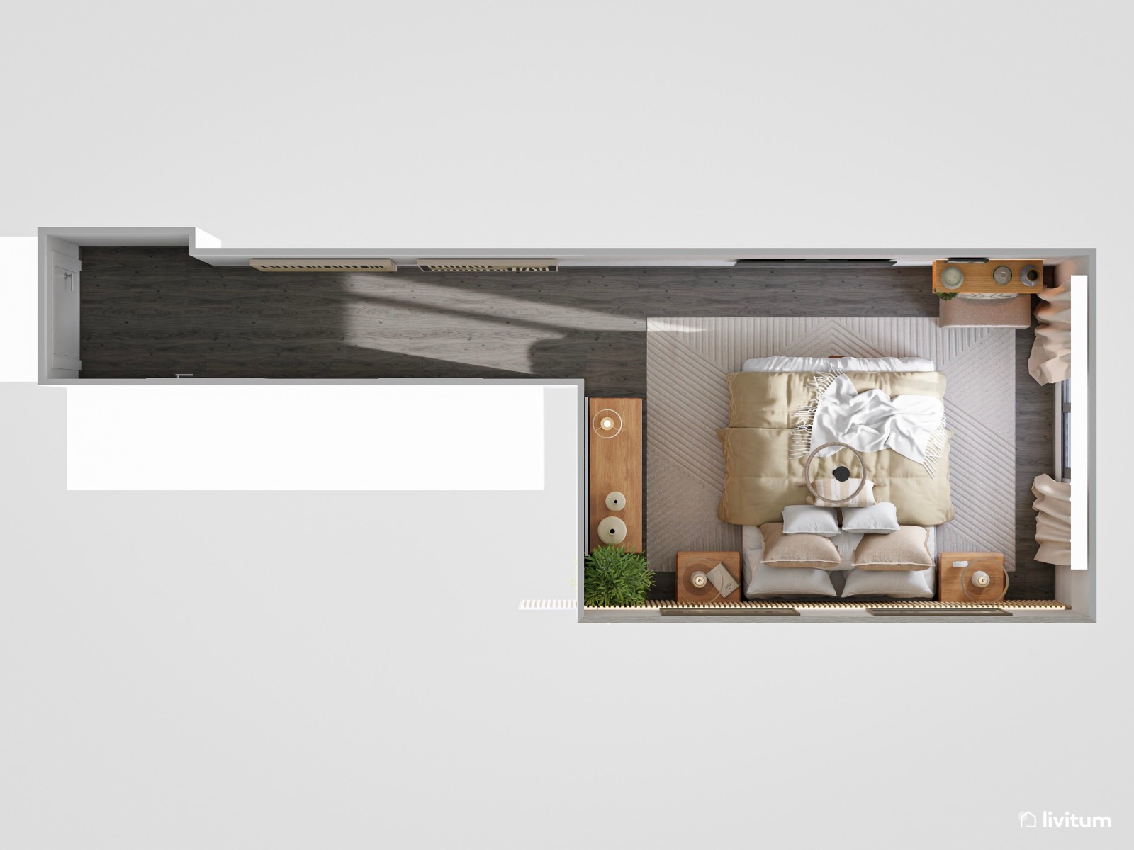 Moderno dormitorio con listones de madera y bonitas obras de arte