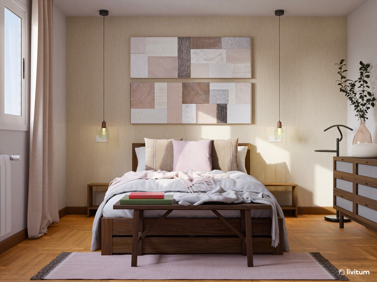 Moderno dormitorio con muebles color nogal