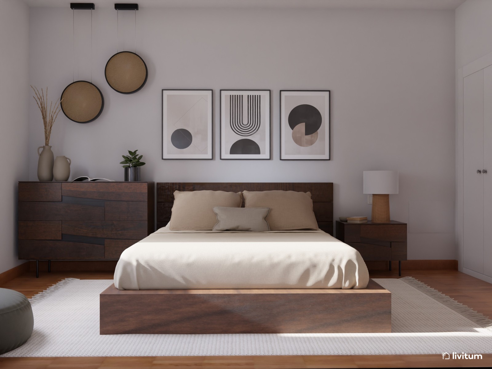 Moderno dormitorio con muebles de madera de nogal 