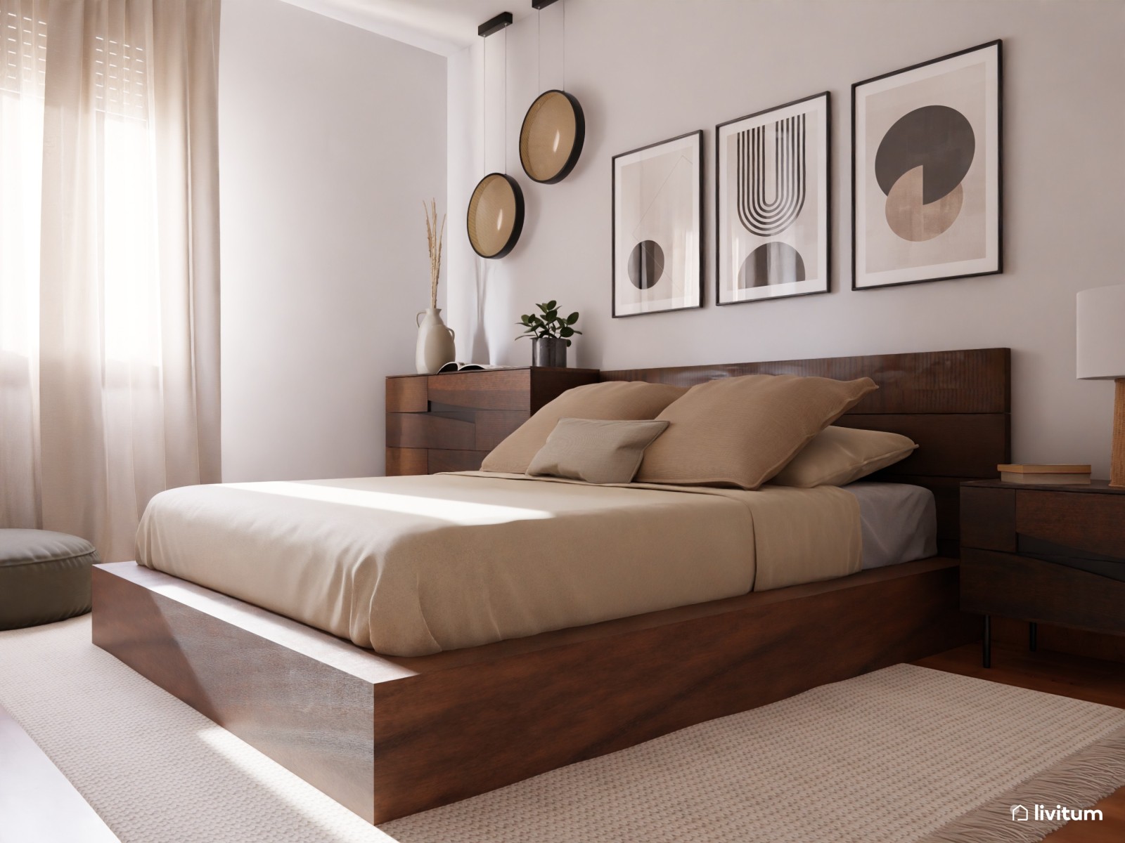 Moderno dormitorio con muebles de madera de nogal 