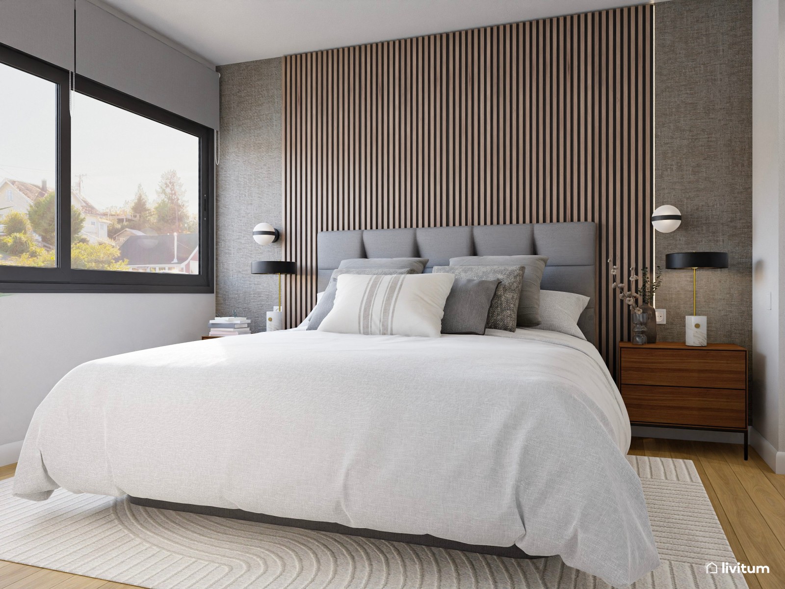 Moderno dormitorio con paneles de madera y vestidor