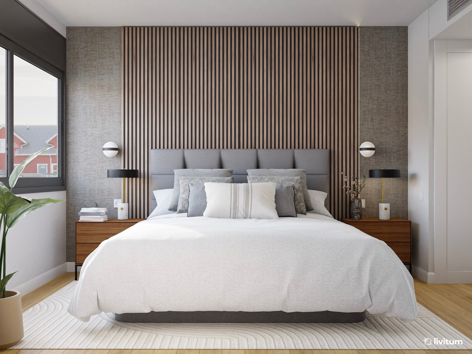 Moderno dormitorio con paneles de madera y vestidor