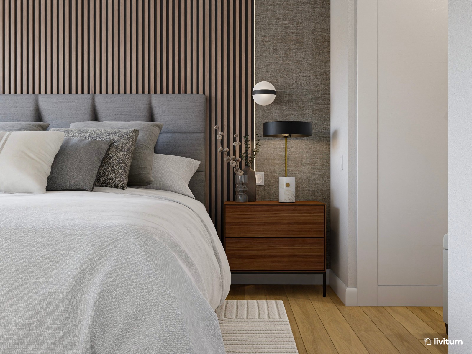 Moderno dormitorio con paneles de madera y vestidor