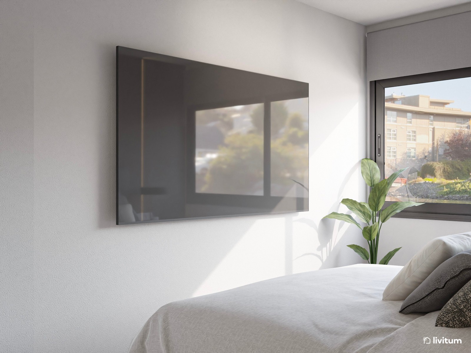 Moderno dormitorio con paneles de madera y vestidor