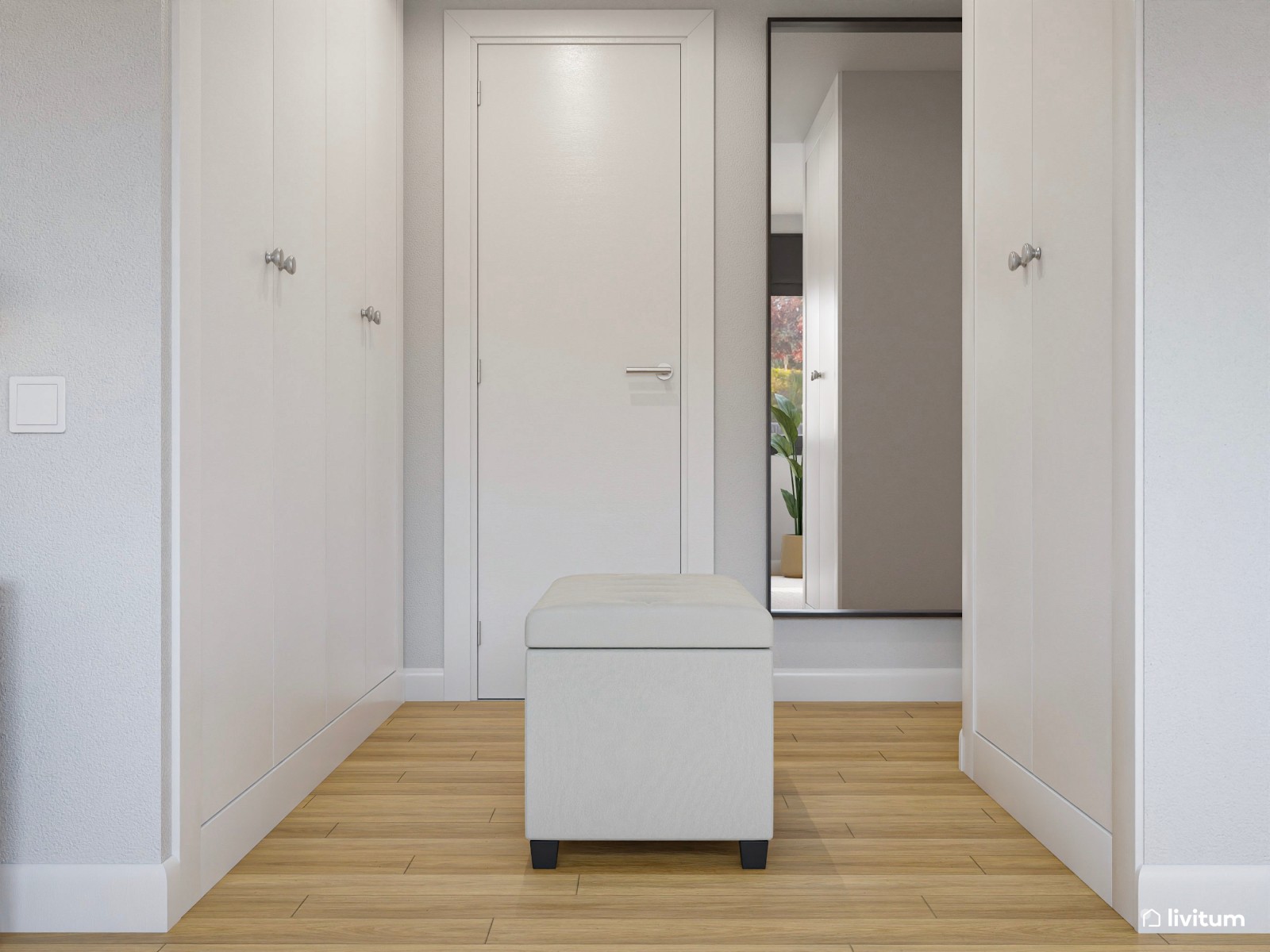Moderno dormitorio con paneles de madera y vestidor