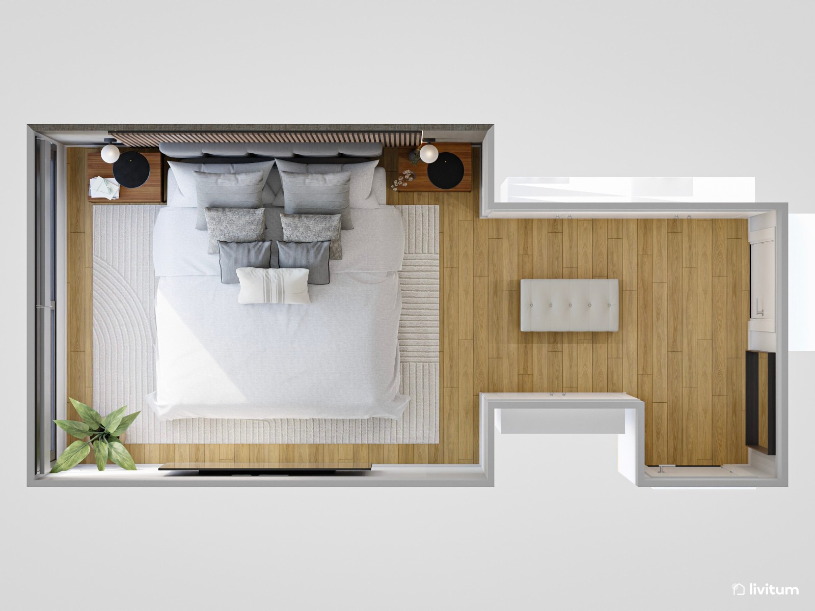 Moderno dormitorio con paneles de madera y vestidor