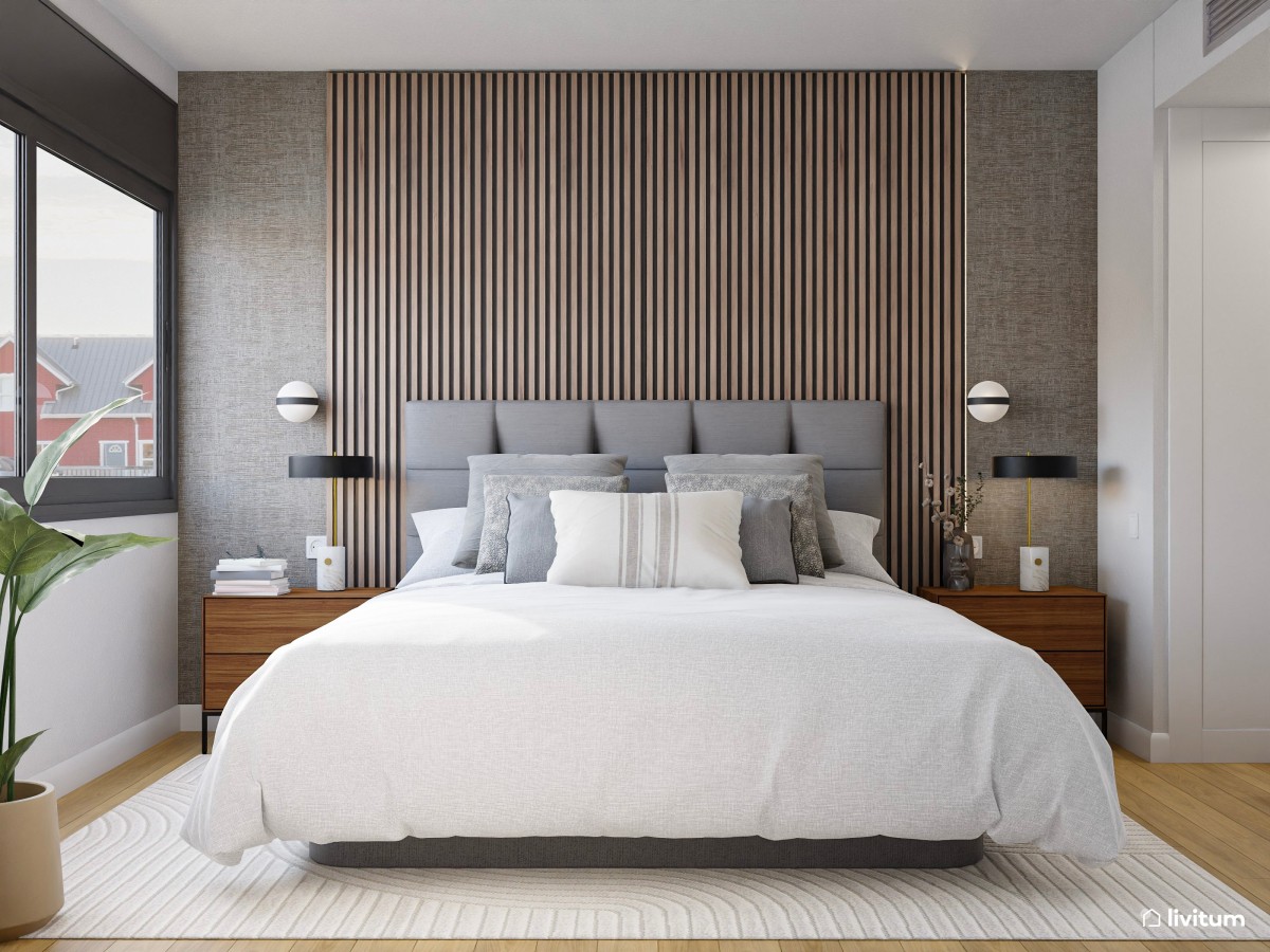 Moderno dormitorio con paneles de madera y vestidor