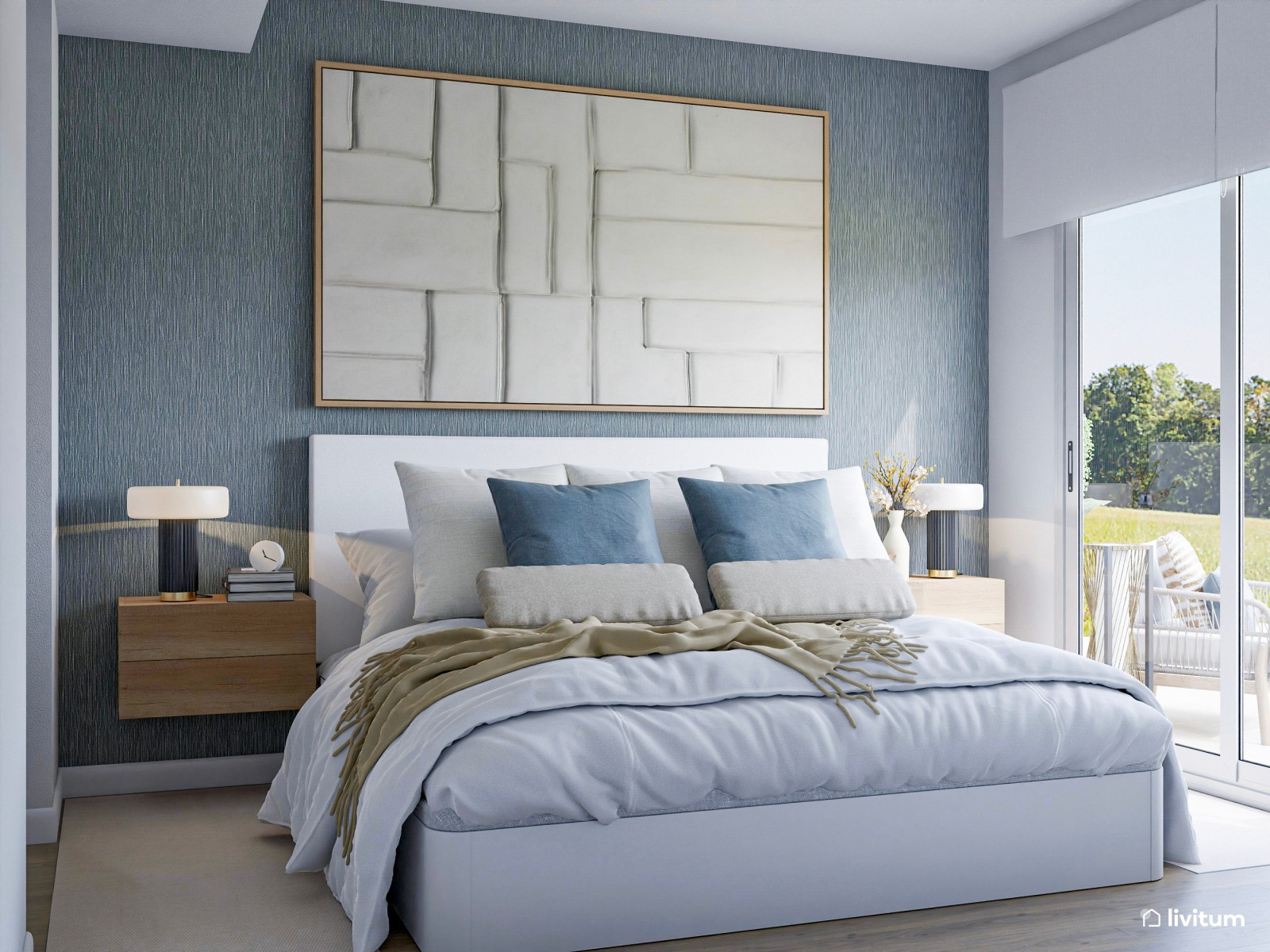 Moderno dormitorio con un precioso papel pintado azul y amplia terraza