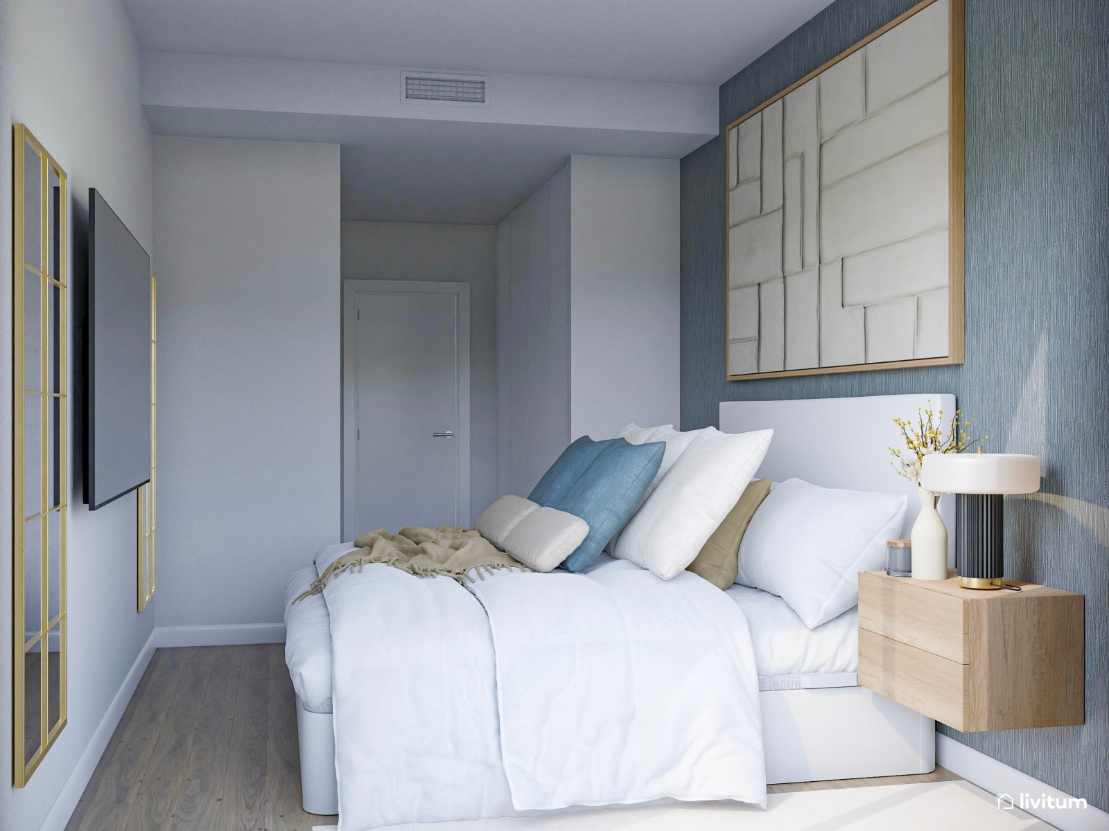 Moderno dormitorio con un precioso papel pintado azul y amplia terraza