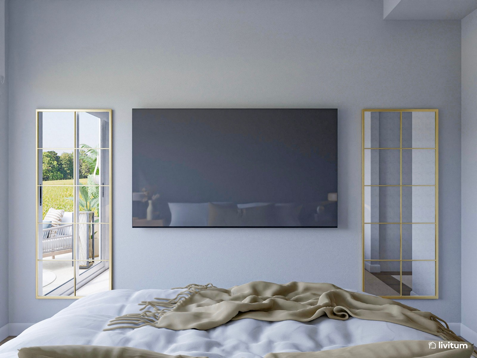 Moderno dormitorio con un precioso papel pintado azul y amplia terraza