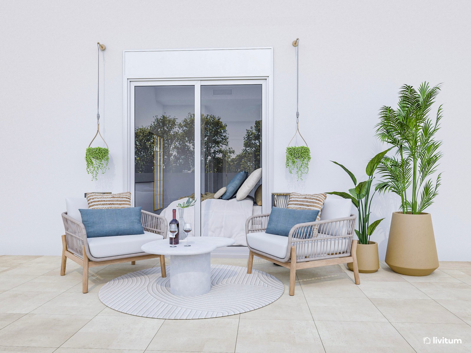 Moderno dormitorio con un precioso papel pintado azul y amplia terraza