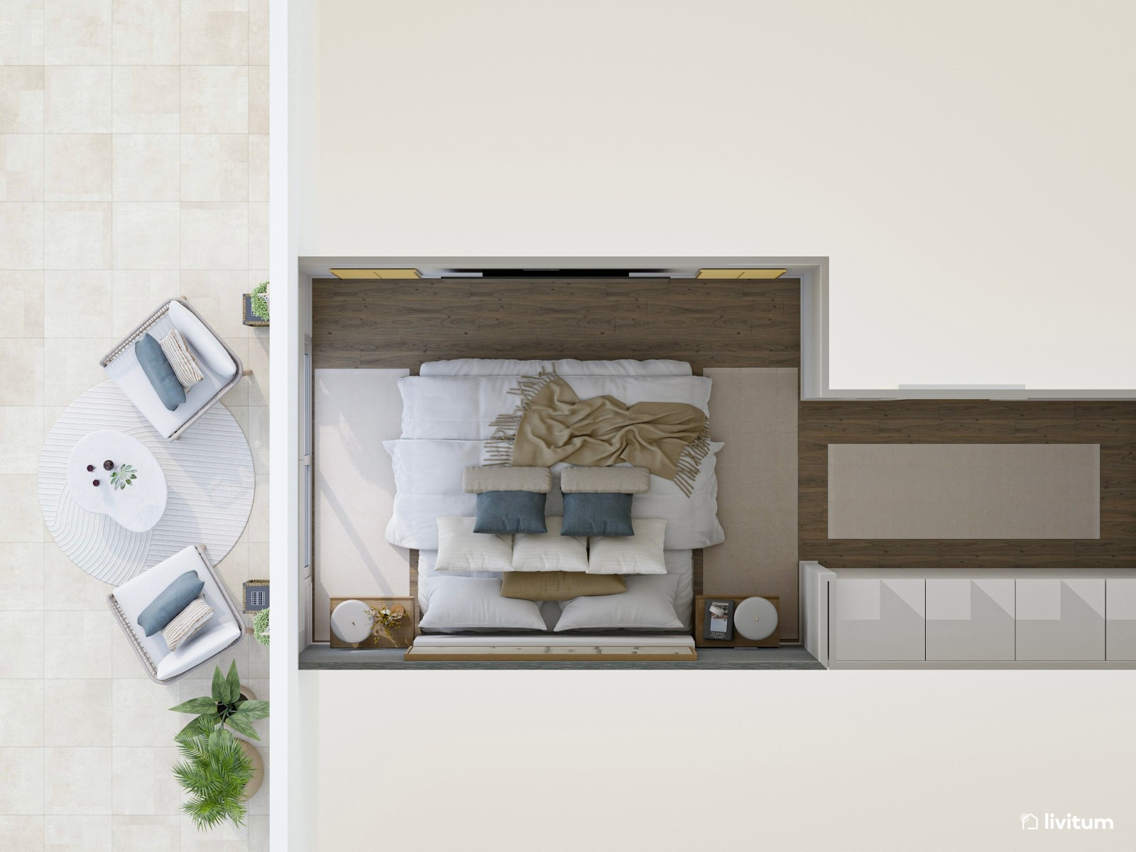 Moderno dormitorio con un precioso papel pintado azul y amplia terraza