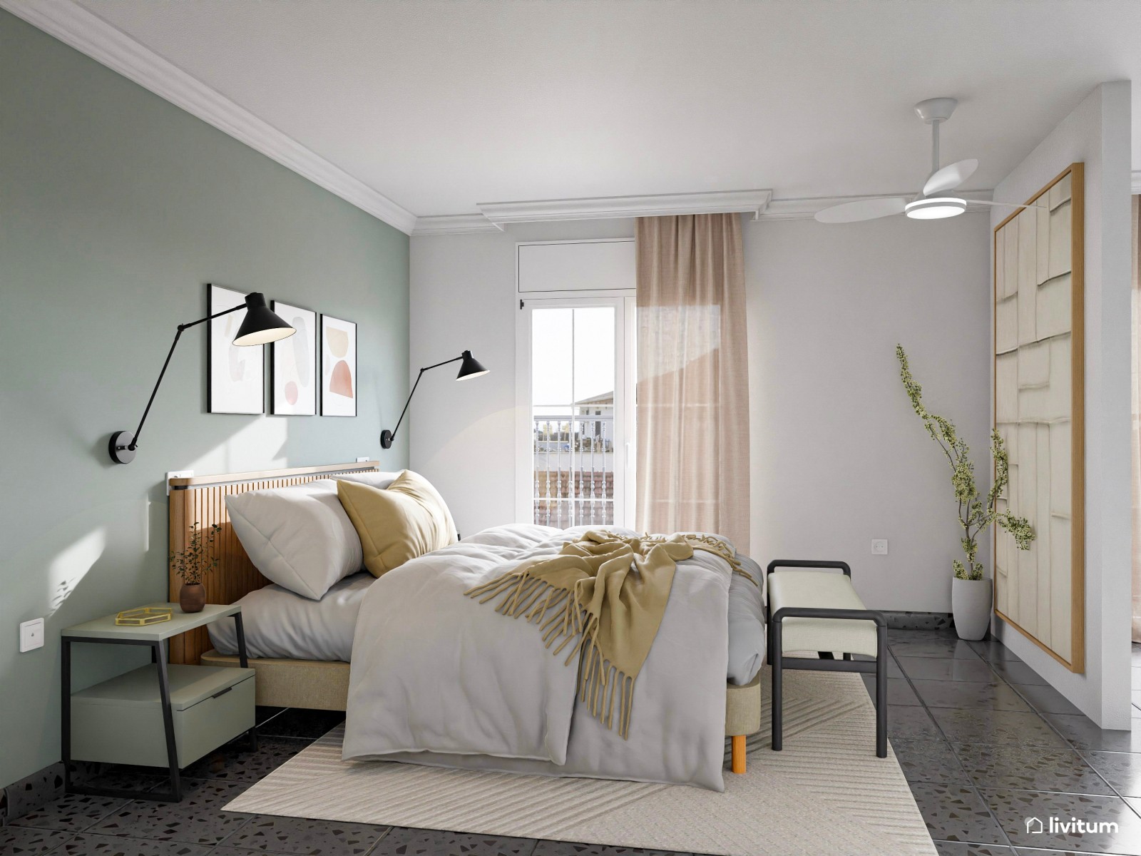 Moderno dormitorio con vestidor en verde agua y toques negros