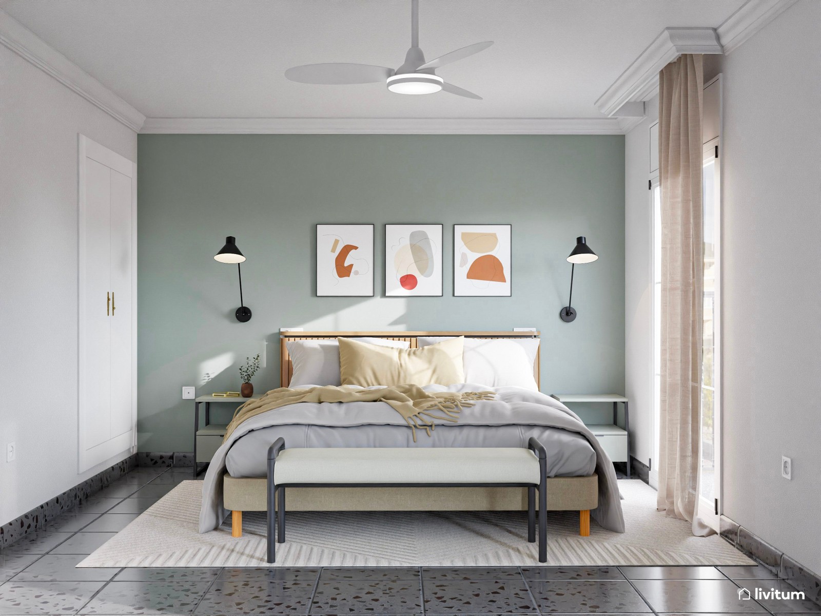 Moderno dormitorio con vestidor en verde agua y toques negros