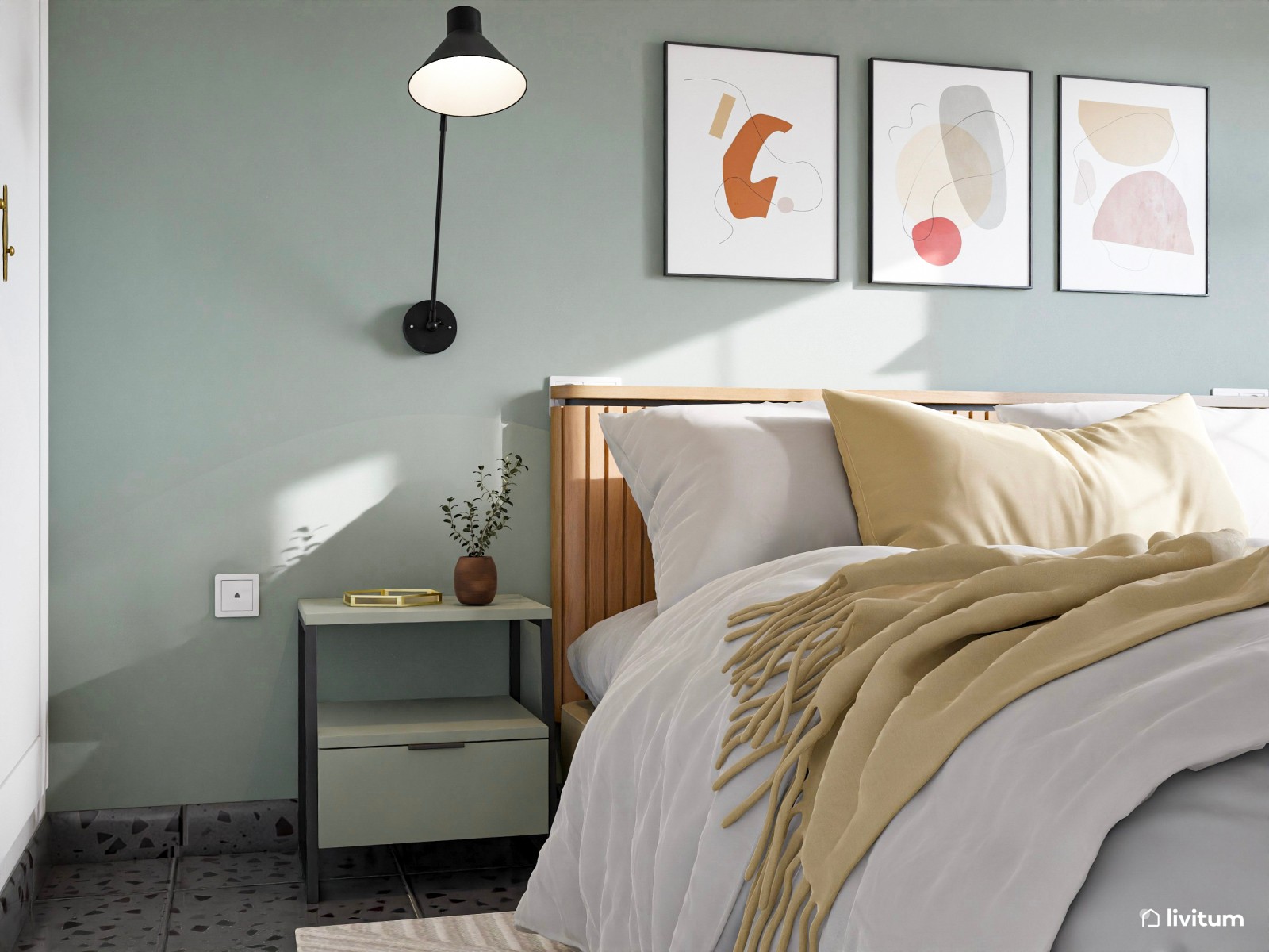 Moderno dormitorio con vestidor en verde agua y toques negros