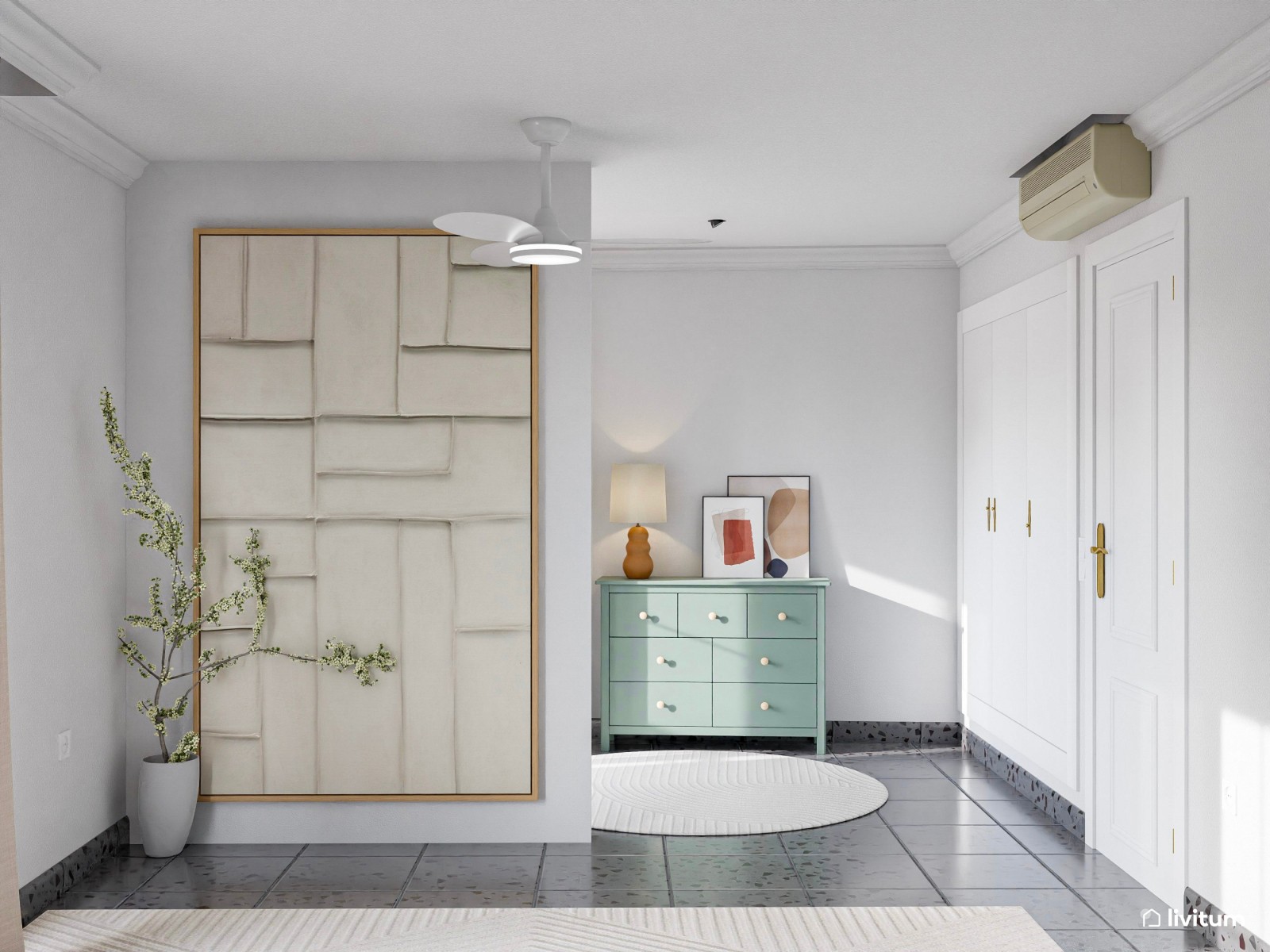 Moderno dormitorio con vestidor en verde agua y toques negros