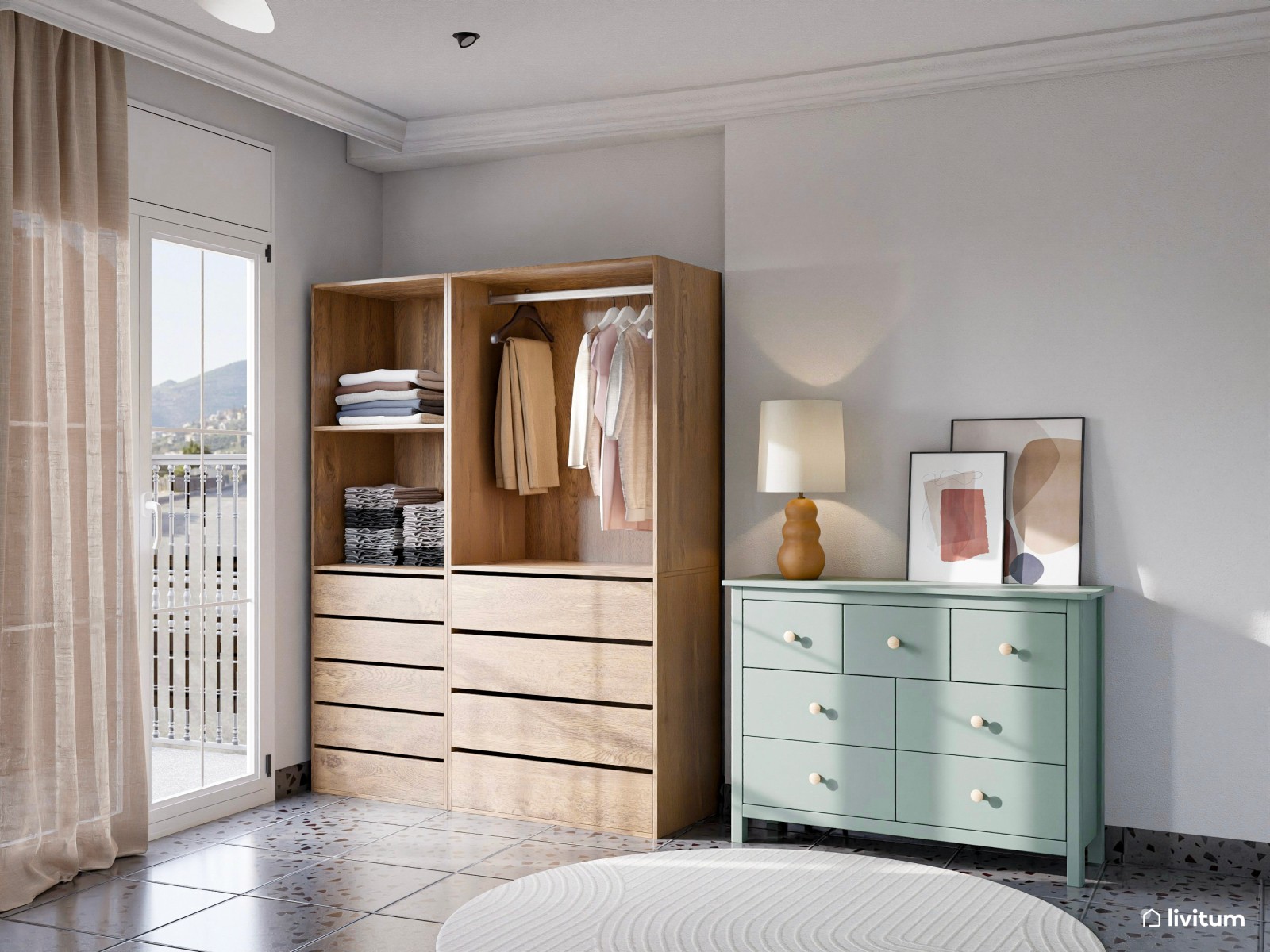 Moderno dormitorio con vestidor en verde agua y toques negros