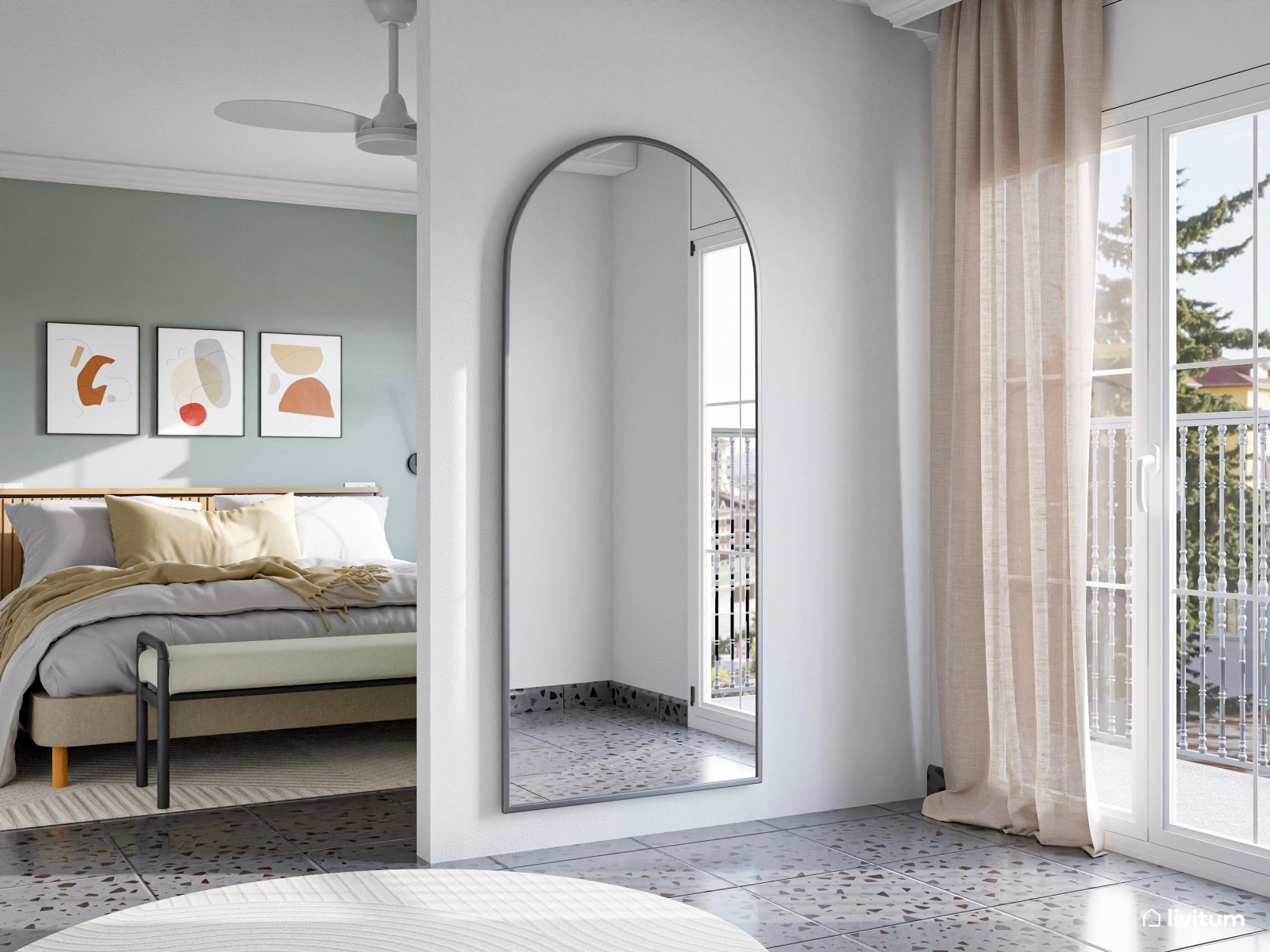 Moderno dormitorio con vestidor en verde agua y toques negros