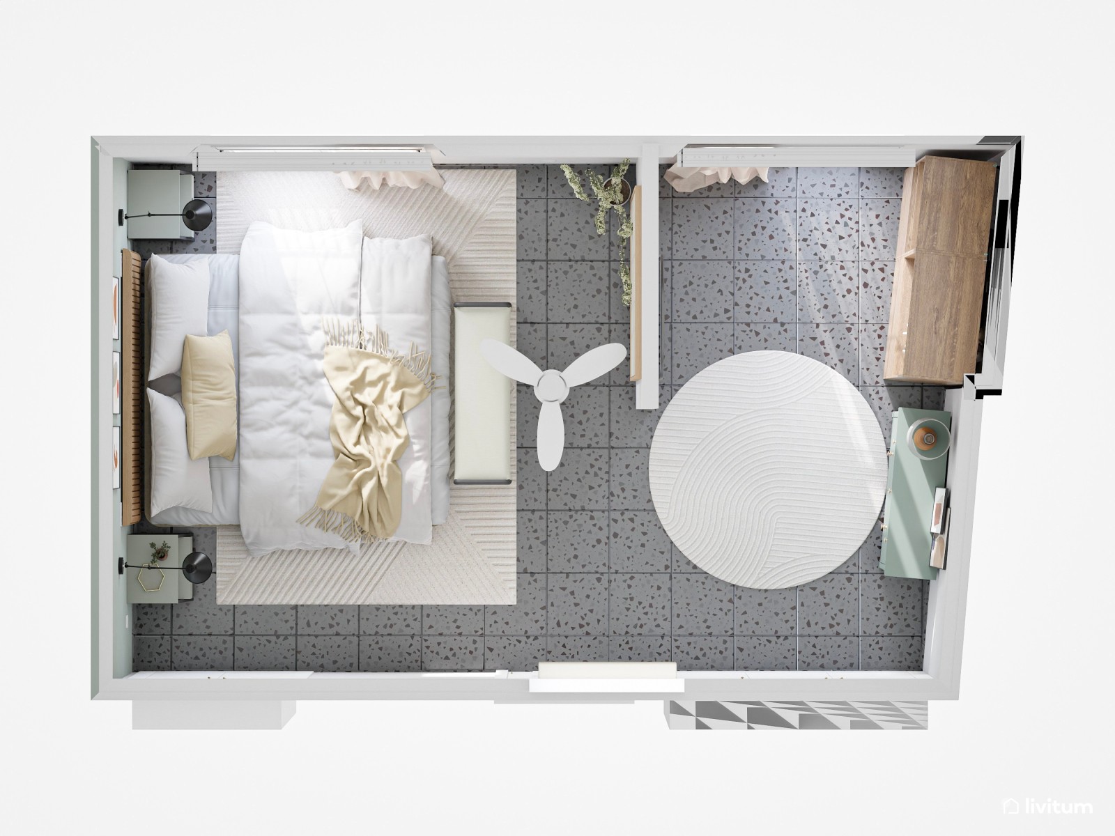 Moderno dormitorio con vestidor en verde agua y toques negros