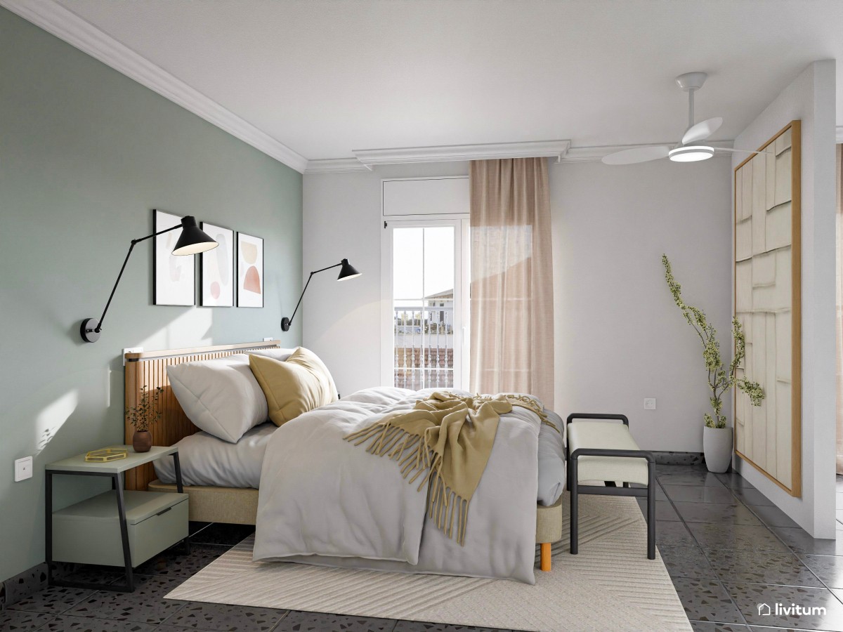 Moderno dormitorio con vestidor en verde agua y toques negros