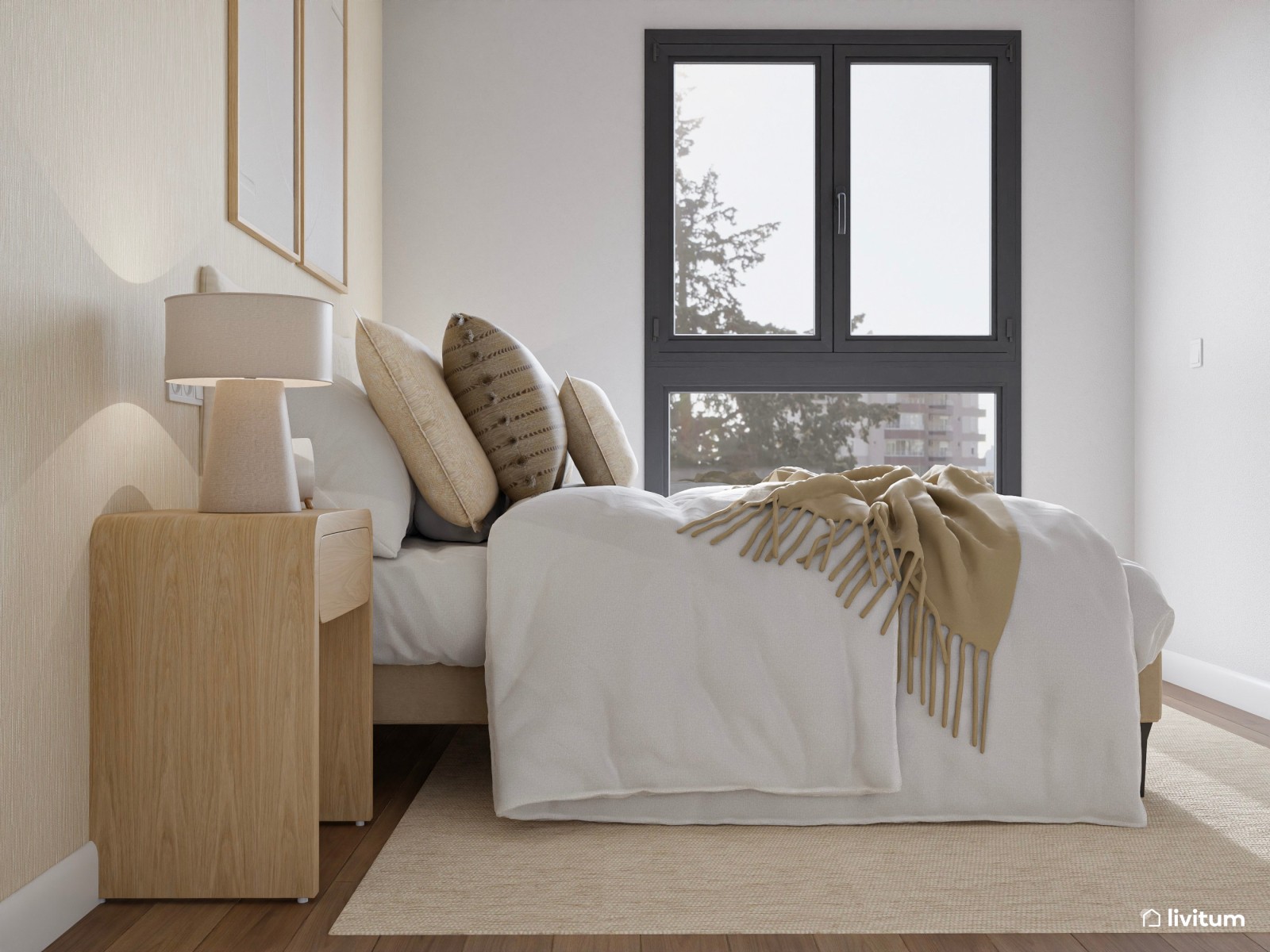   Moderno dormitorio en tonos tierra claros con papel pintado